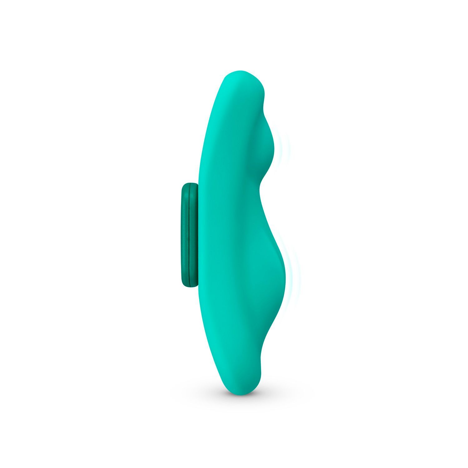 Produit de bien-être turquoise avec bouton vert, vue latérale. Forme incurvée.