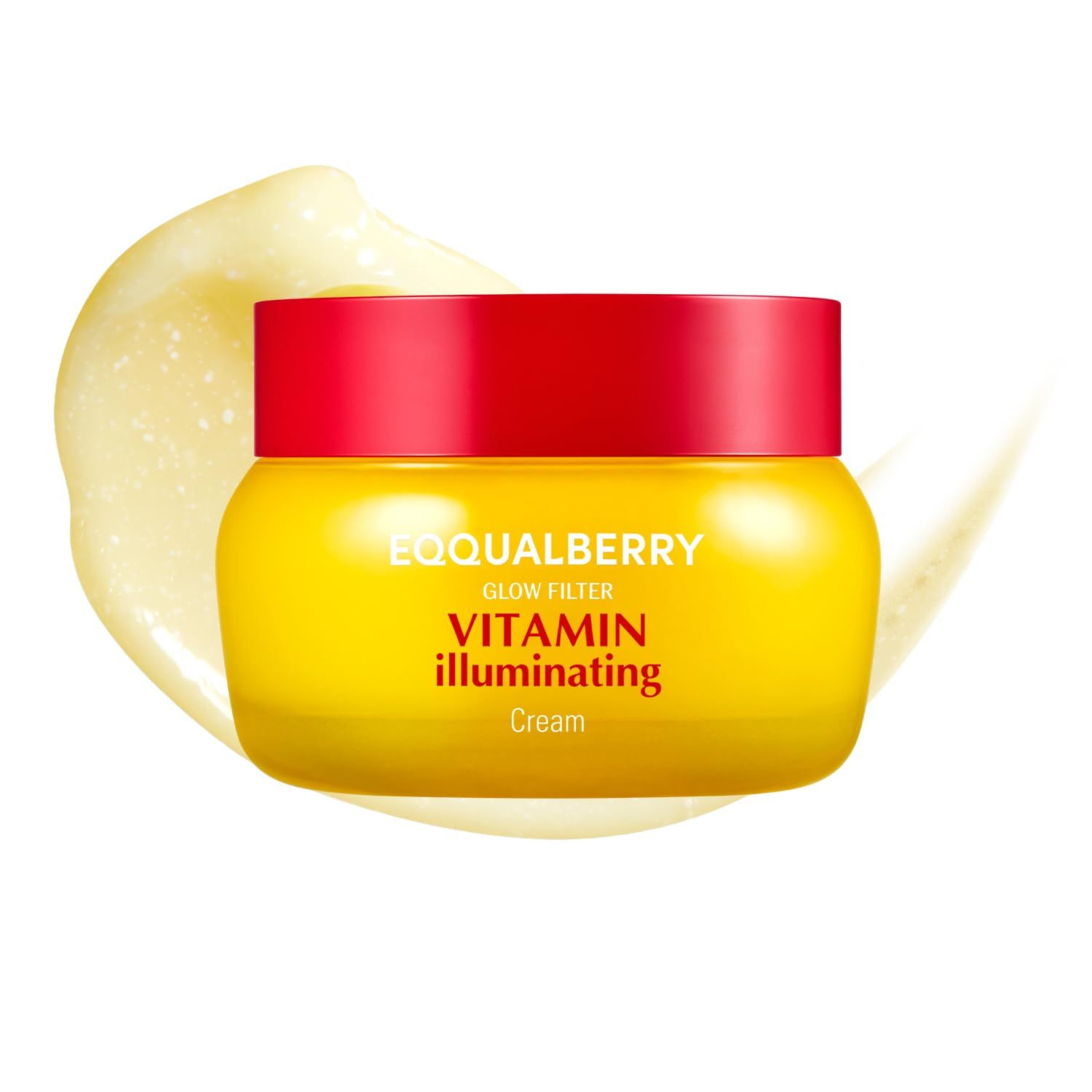 Pot jaune avec couvercle rouge, EQQUALBERRY Vitamin Illuminating Cream.
