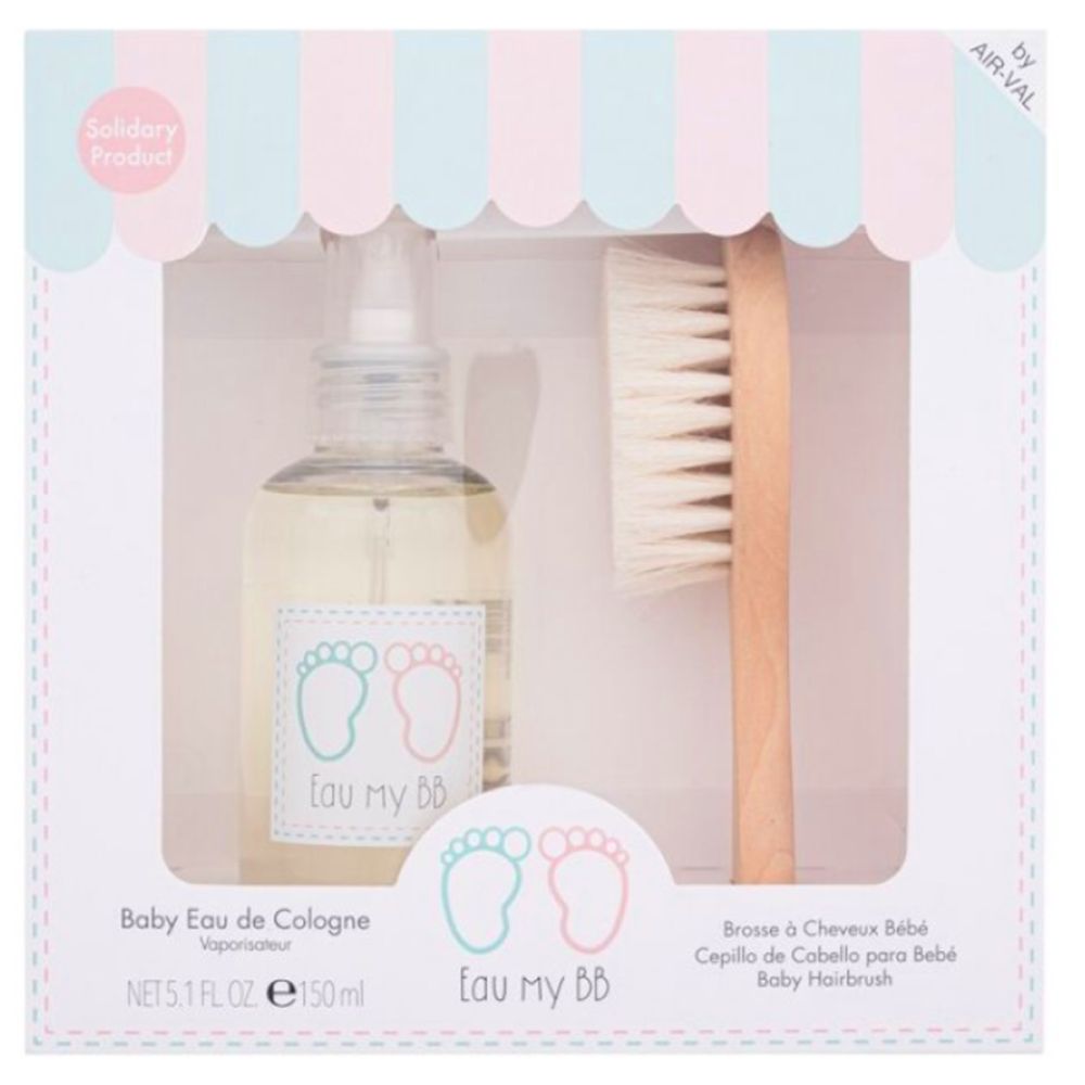 Cadeauset met baby Eau de Cologne en haarborstel. Fles met voetafdruklabel. Houten borstel. Verpakking met venster.