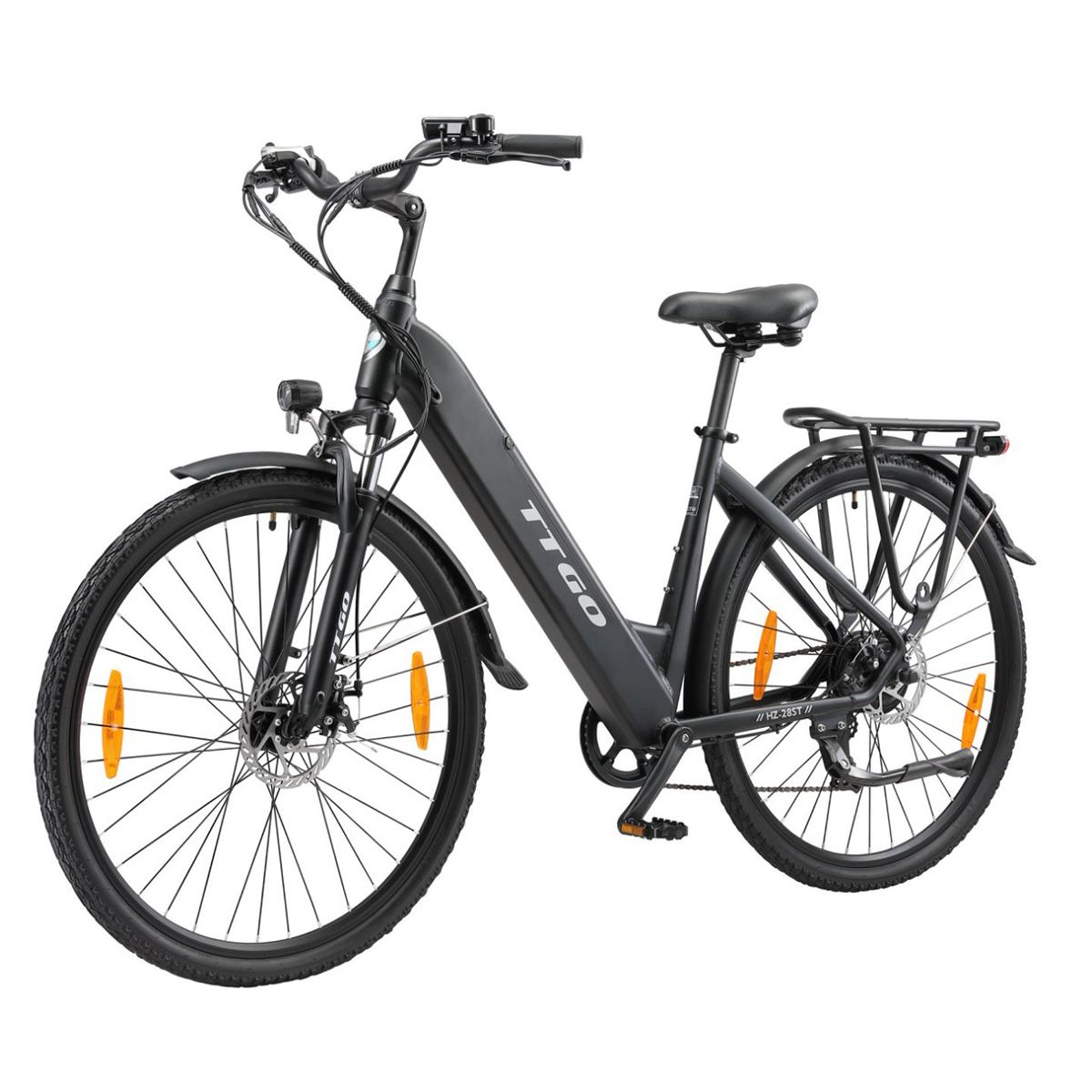 Vélo électrique noir TTGO. Porte-bagages, garde-boue, phares et réflecteurs. Pneus Kenda.