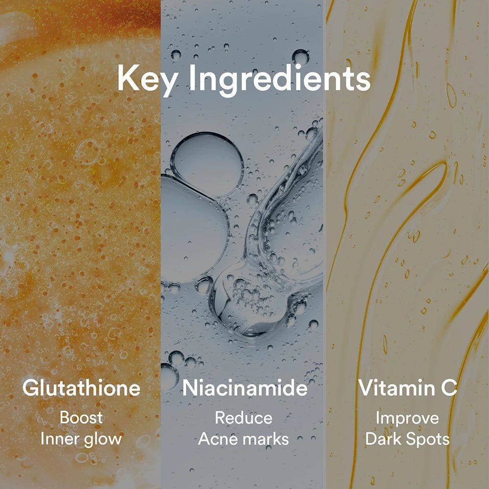 Trois zones avec ingrédients : Glutathion, Niacinamide, Vitamine C. Texte : Boost l'éclat intérieur, réduit l'acné, améliore les taches sombres.