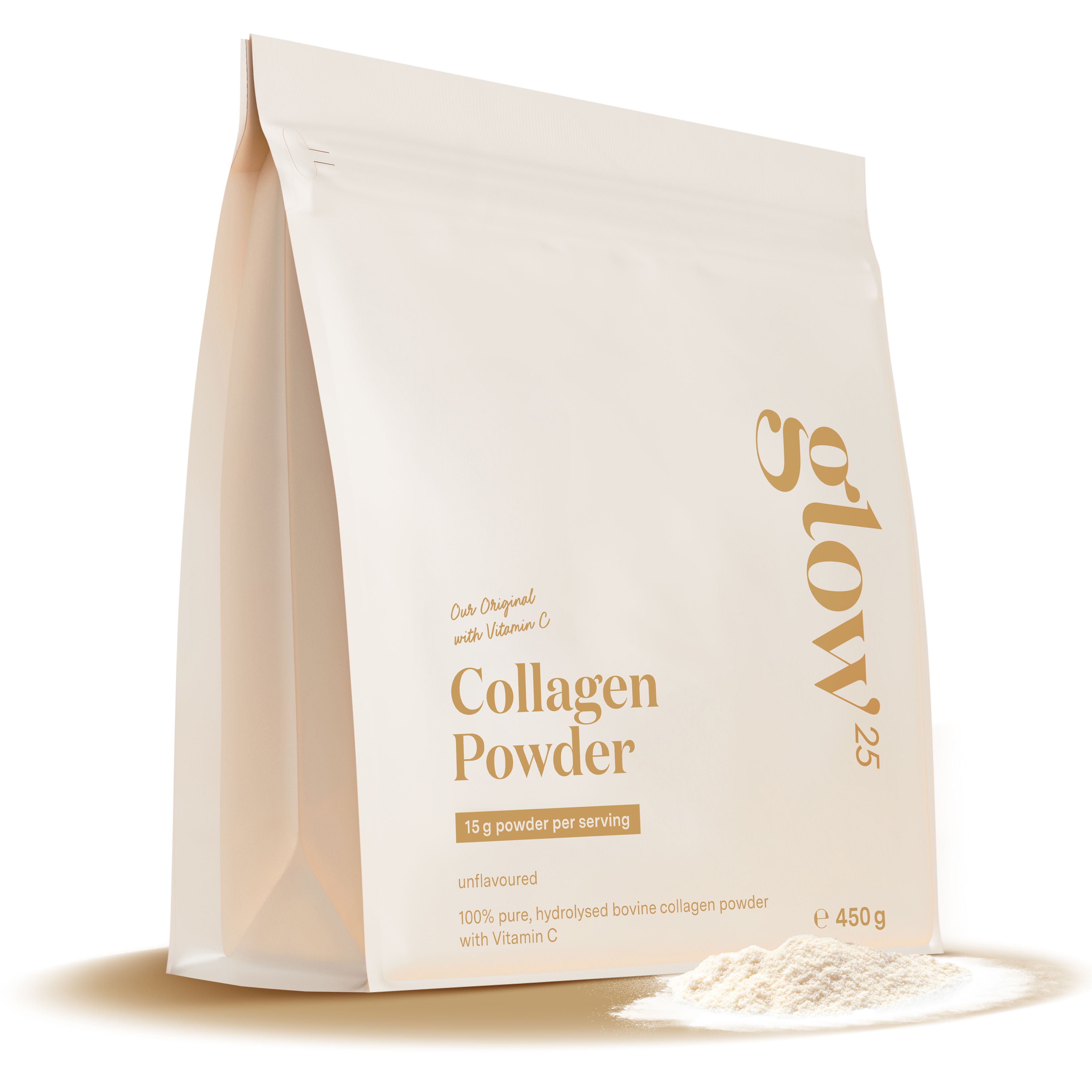 Sachet Glow25 Collagen Powder. Impression : Collagen Powder, 450g. Poudre à côté.