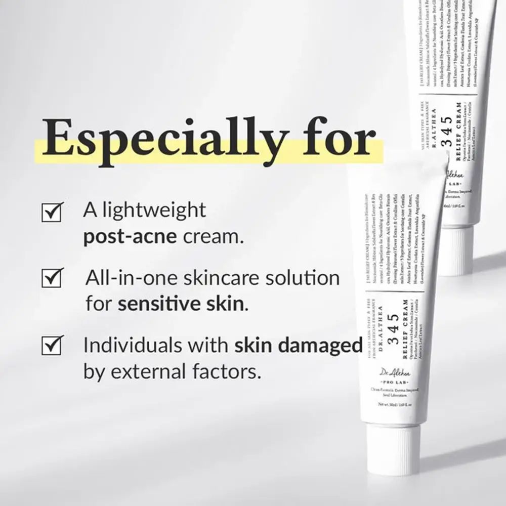 Deux tubes DR.ALTHEA 345 Relief Cream. Texte: Especially for. Trois cases à cocher.