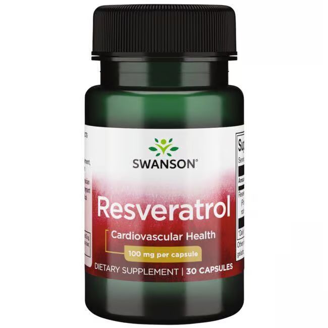 Flacon vert, bouchon noir. Inscription: SWANSON Resveratrol, 100 mg par capsule. Complément alimentaire.