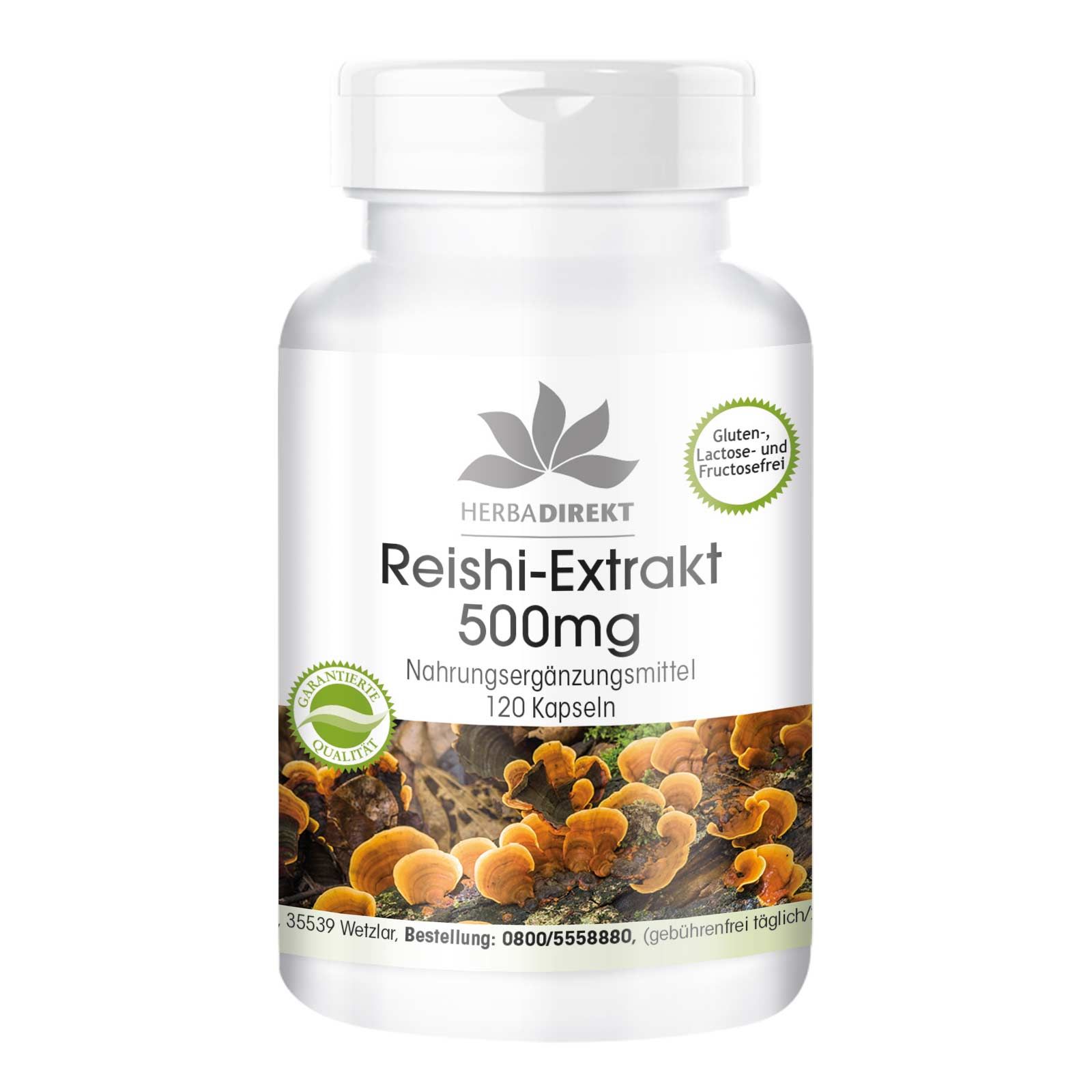 Flacon blanc de Reishi-Extrakt 500mg. Inscription: Herbadirekt, 120 gélules, sans gluten, lactose et fructose.