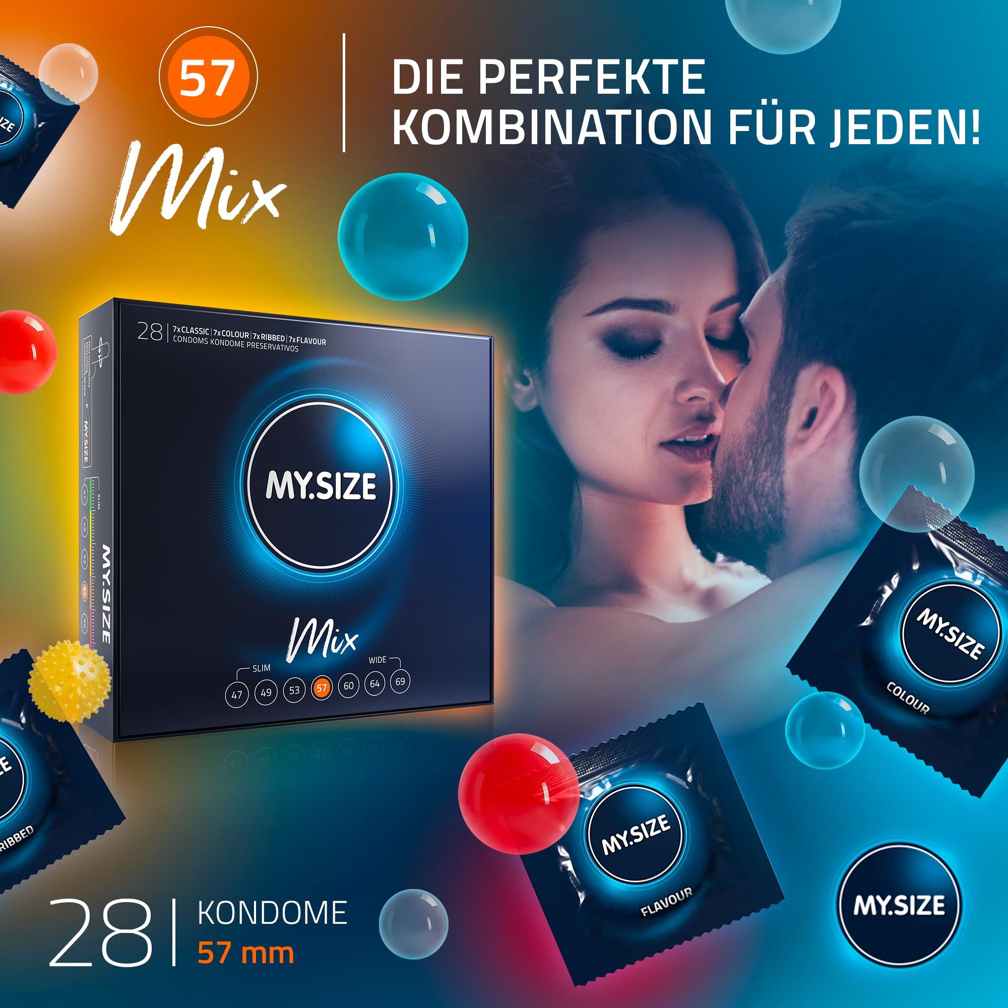 Préservatifs MY.SIZE Mix, 28 pièces, largeur 57mm, avec un couple en arrière-plan.