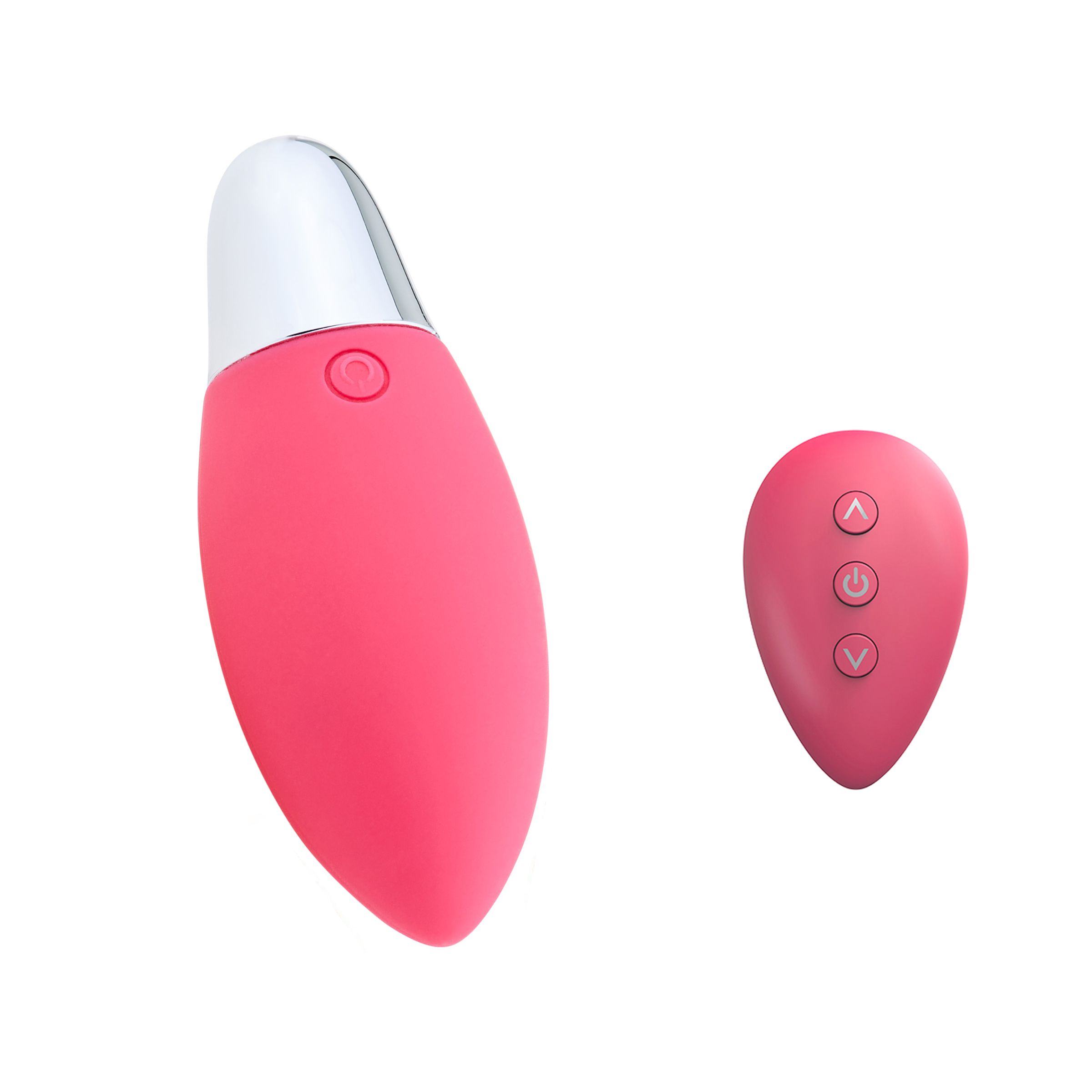 Vibrateur rose avec tête blanche et télécommande. Télécommande avec trois boutons. Sur fond blanc.