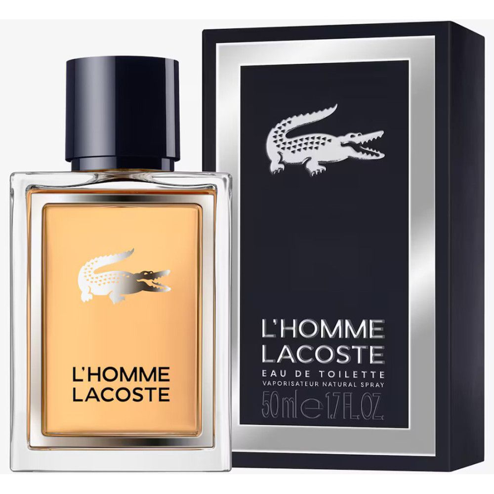 Flacon et emballage de Lacoste L'Homme Eau de Toilette. Flacon rectangulaire, ambré. Bouchon noir. Emballage noir avec logo crocodile.