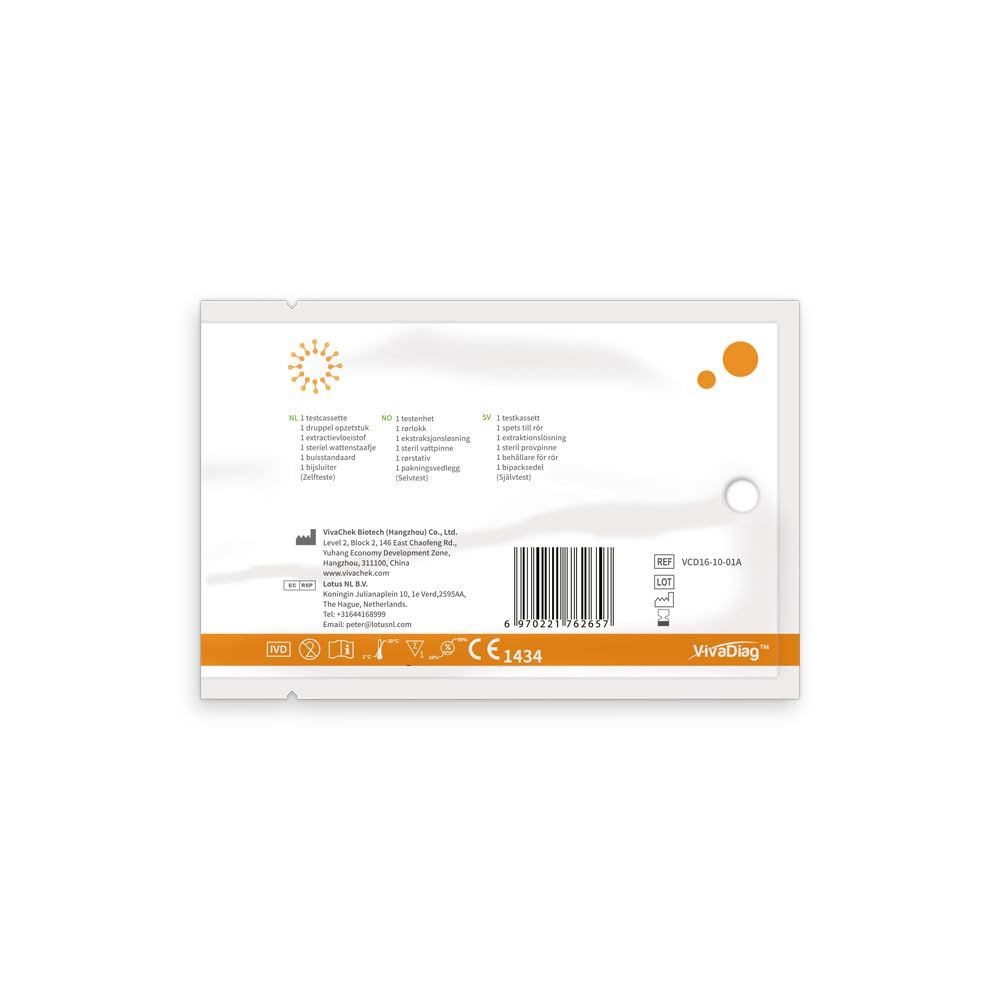 Dos d'un kit de test emballé individuellement. Impression: informations du fabricant, marquage CE.