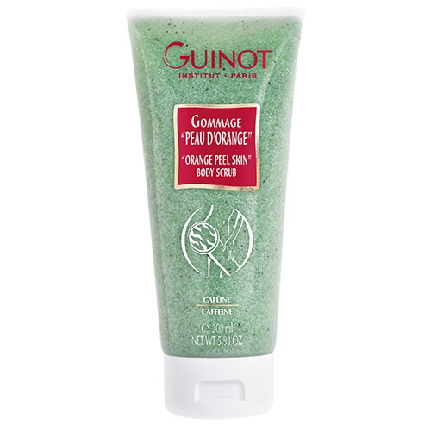 Gommage corporel vert en tube. Inscriptions: Guinot, Gommage Peau d'Orange, Orange Peel Skin Body Scrub. Contient de la caféine.
