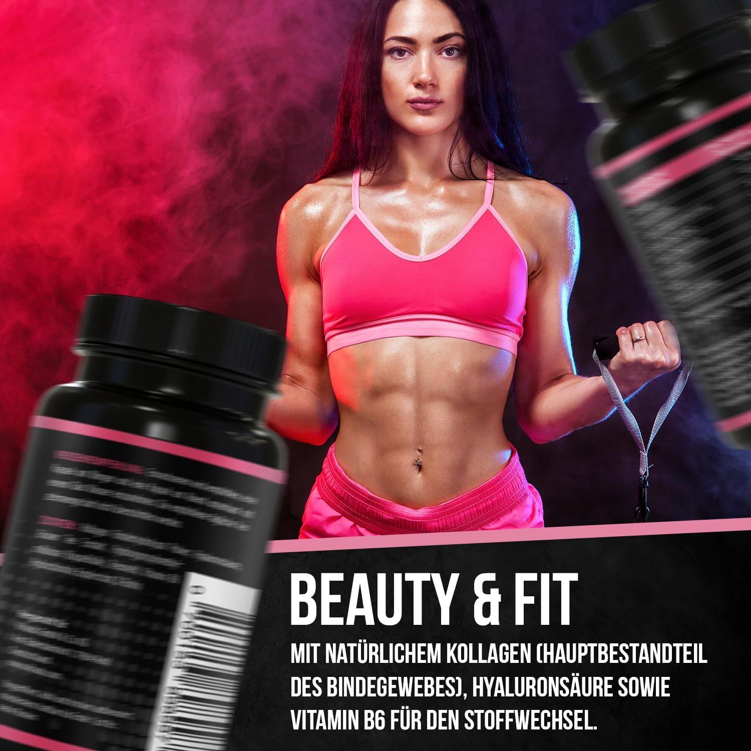 Flacon noir, étiquette rose. Texte: LADY BRNR, BEAUTYFIT FORMEL. Texte additionnel: Beauty & Fit, ingrédients. Femme en brassière de sport.