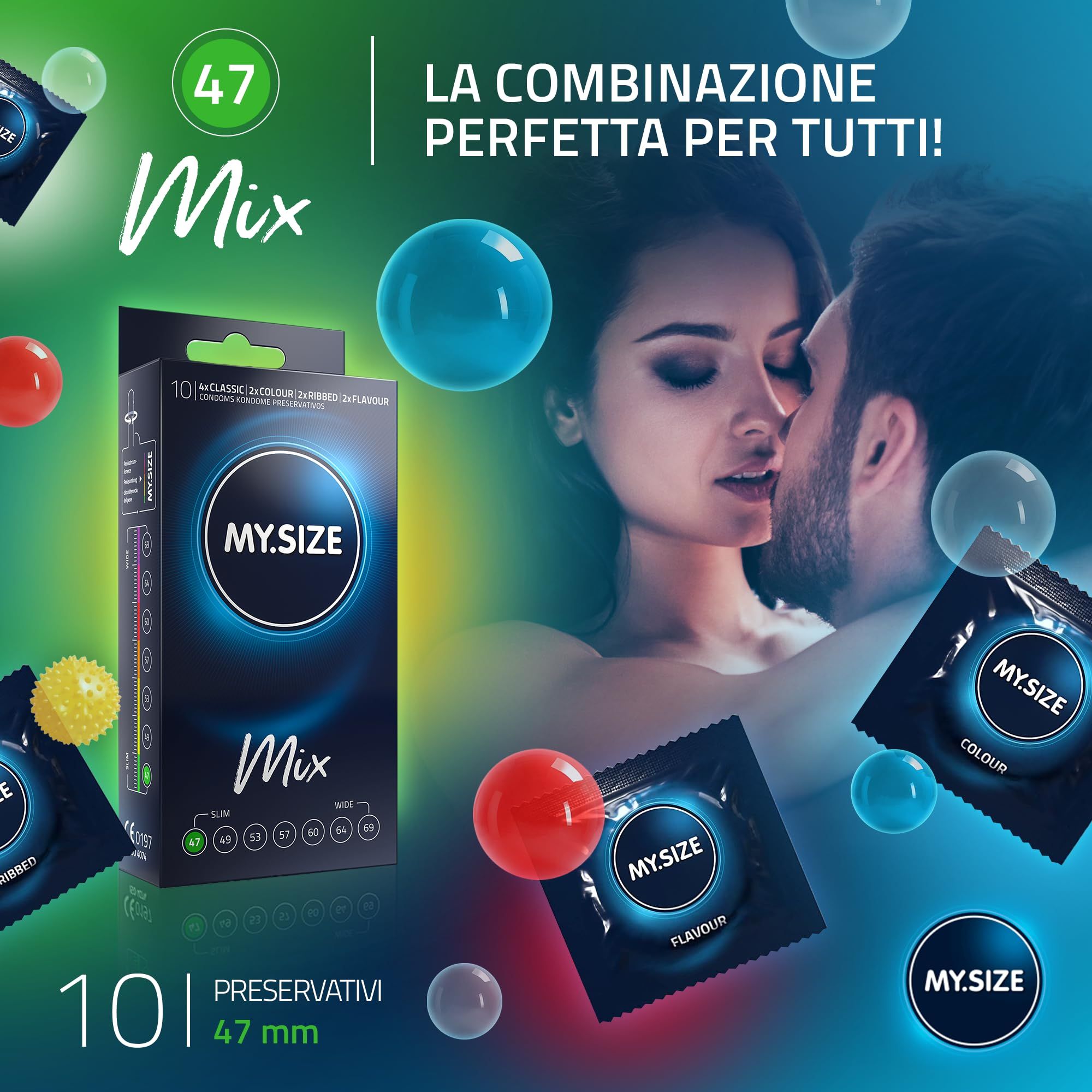 My.Size Classic 47mm Mix préservatifs: 10 pièces, 4x Classic, 2x Colour, 2x Ribbed, 2x Flavour.
