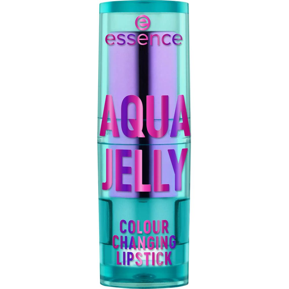Rouge à lèvres Aqua Jelly. Bâton turquoise avec texte violet. Le rouge à lèvres est en spirale.