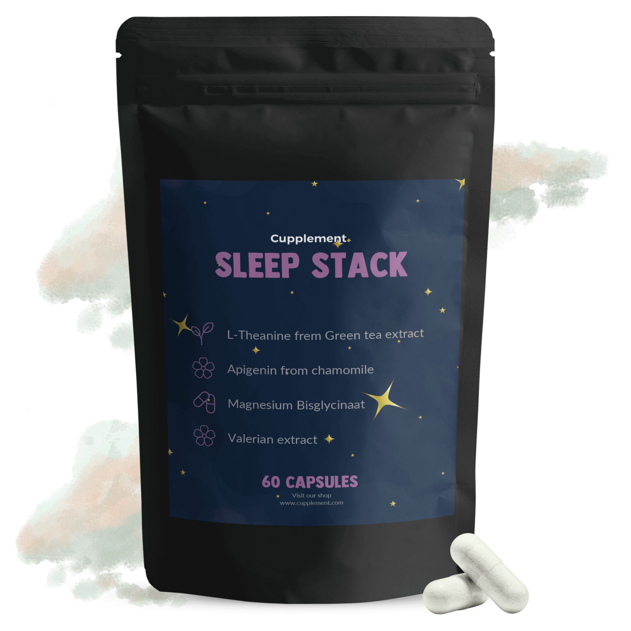 Zwarte zak Sleep Stack, 60 capsules. Bevat L-Theanine, Apigenine, Magnesium, valeriaanextract. Witte capsules ernaast.