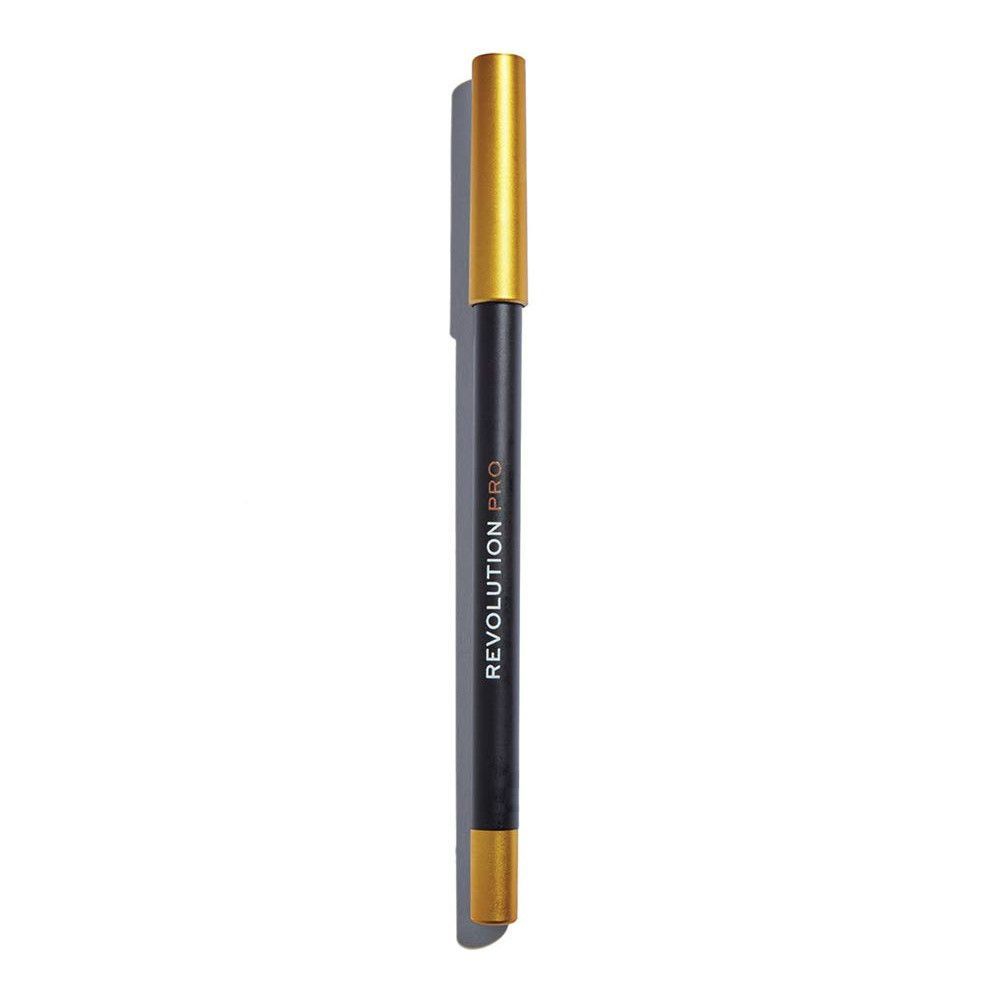 Crayon eyeliner doré, corps noir, capuchon doré. Marque: Makeup Revolution.