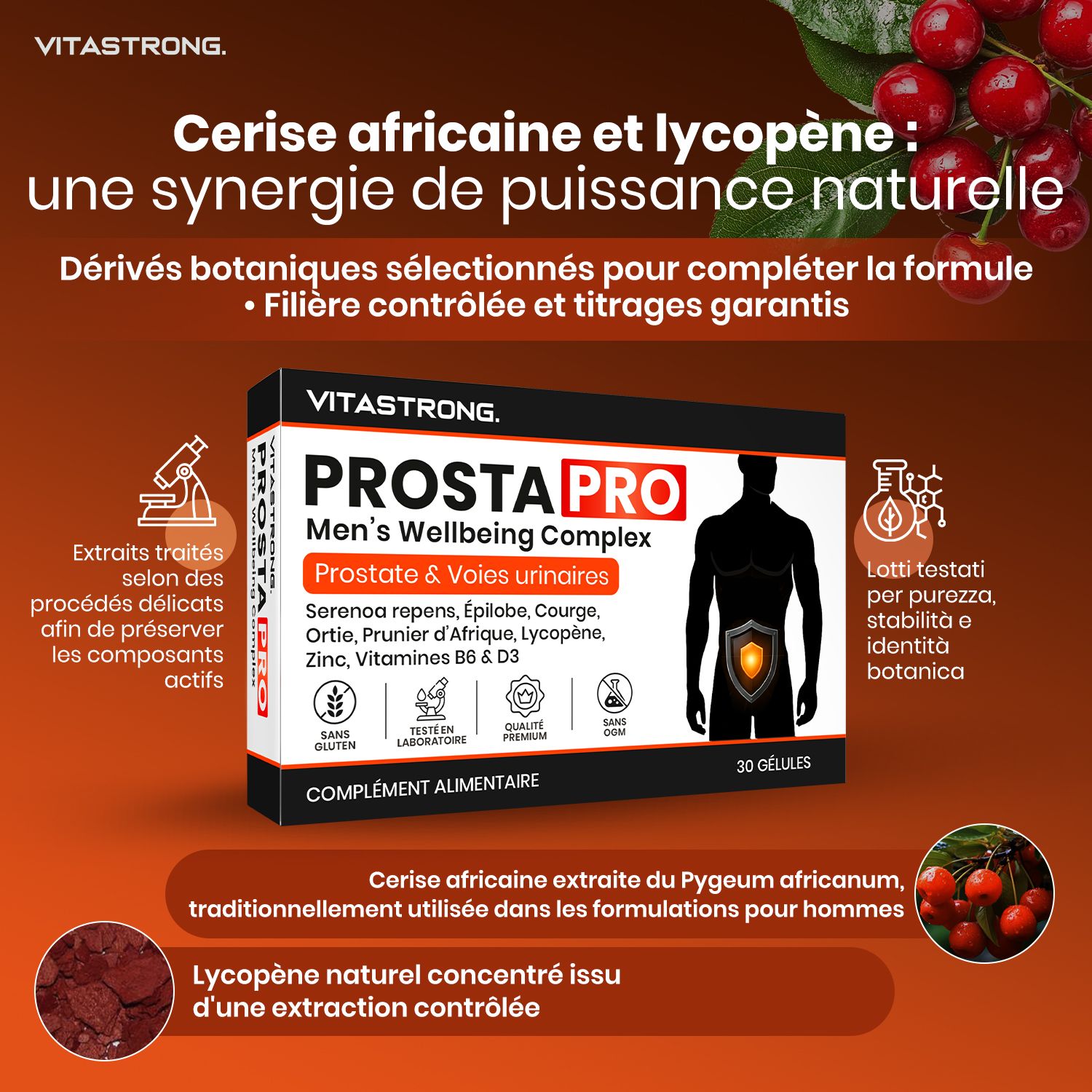 Vitastrong Prosta Pro. Afbeelding met tekst. 30 capsules. Afrikaanse kers en lycopeen.