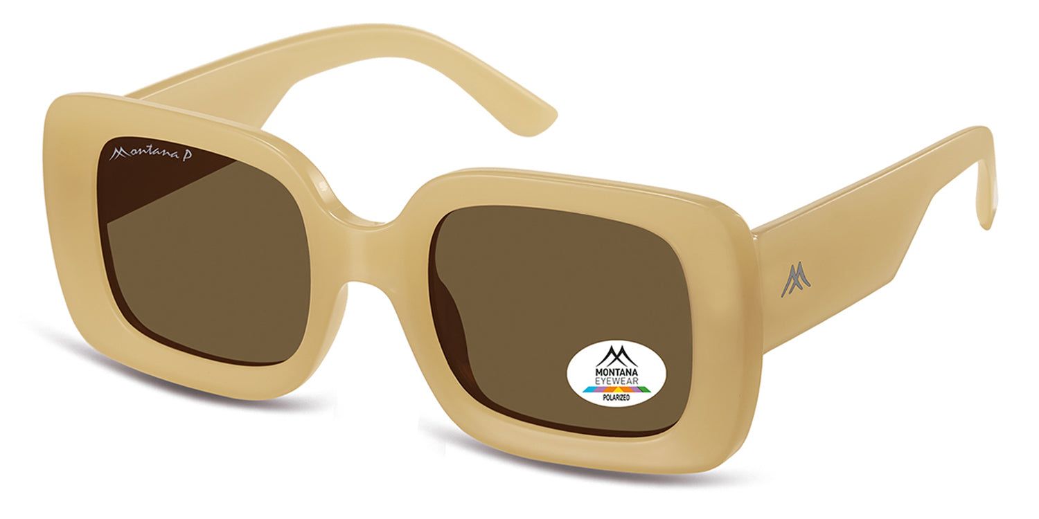 Lunettes de soleil beiges, forme carrée, verres bruns. Logo Montana Eyewear sur la branche et le verre. Polarisées.