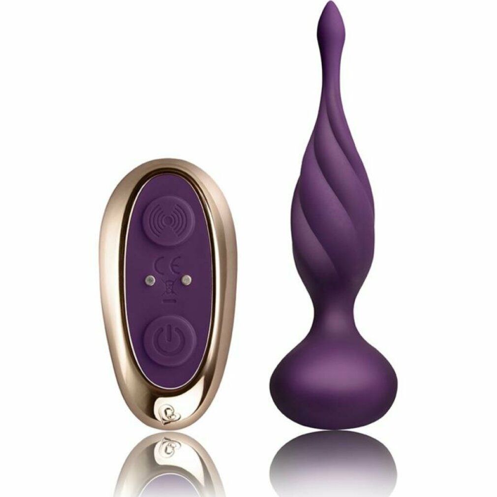 Vibrateur violet au design torsadé avec télécommande assortie à deux boutons et marquage CE.