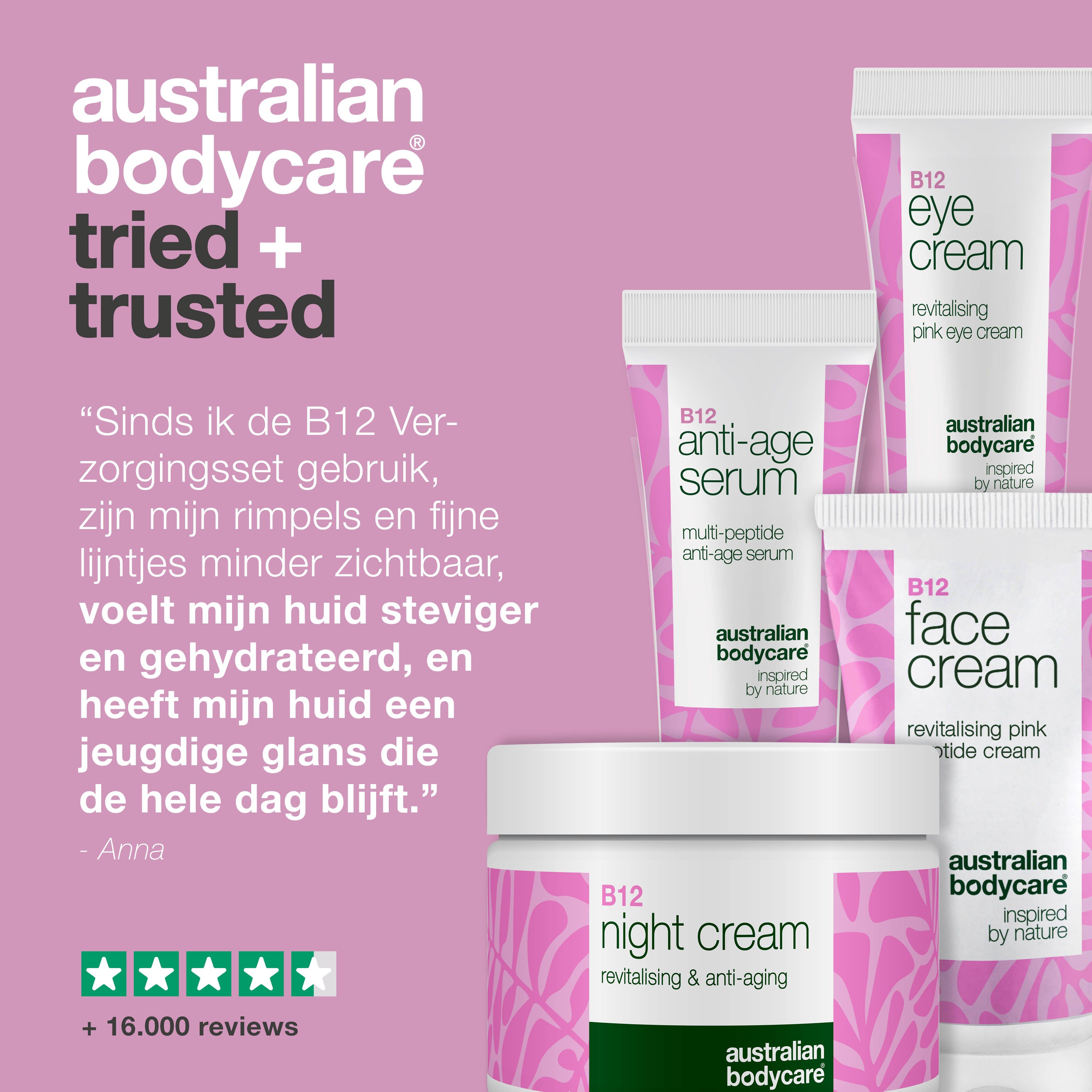 Producten met citaat: rimpels verminderd, huid steviger en gehydrateerd. Tekst: +16.000 beoordelingen, 5 sterren.