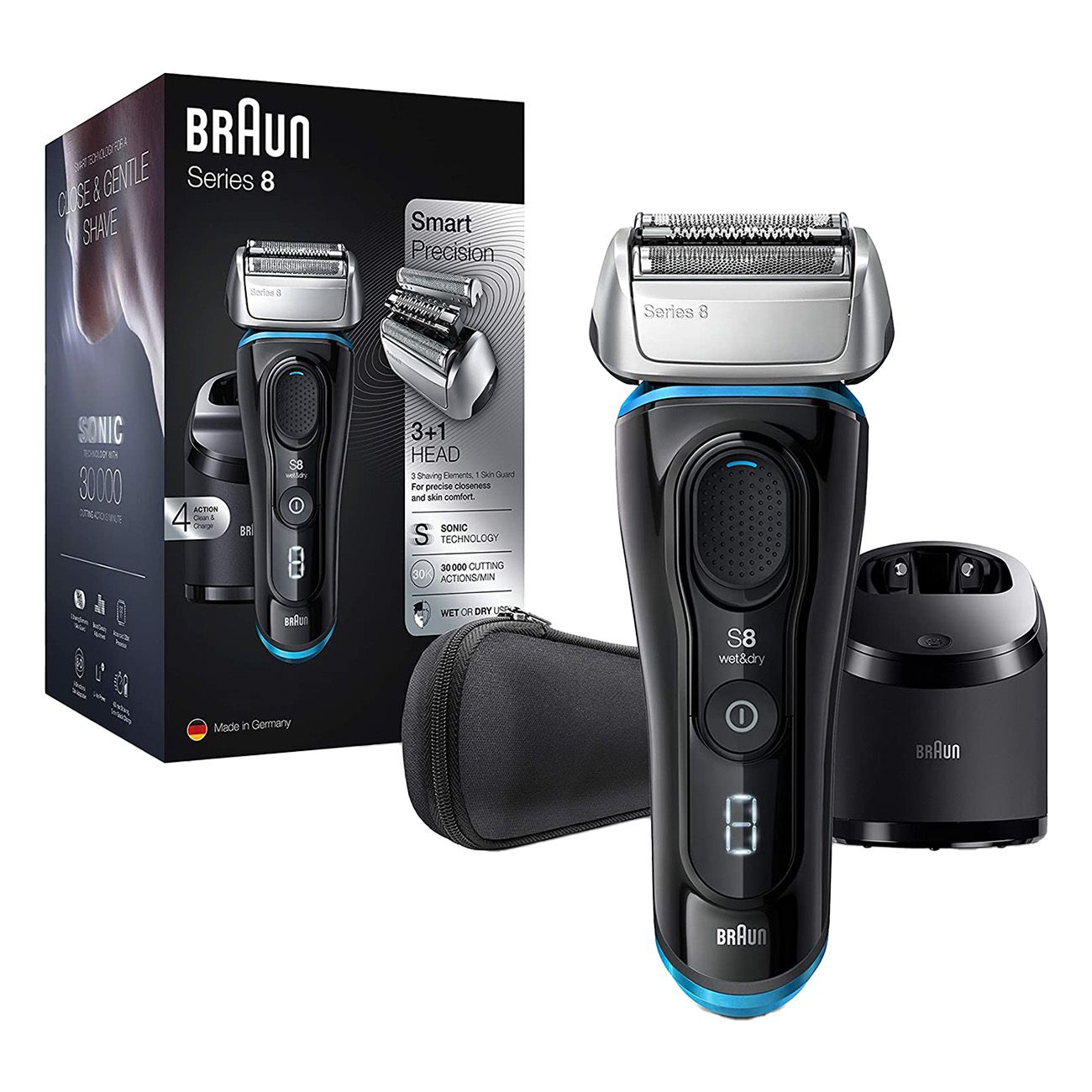 Rasoir électrique Braun Series 8 avec station de charge/nettoyage, étui de voyage et tête de remplacement.