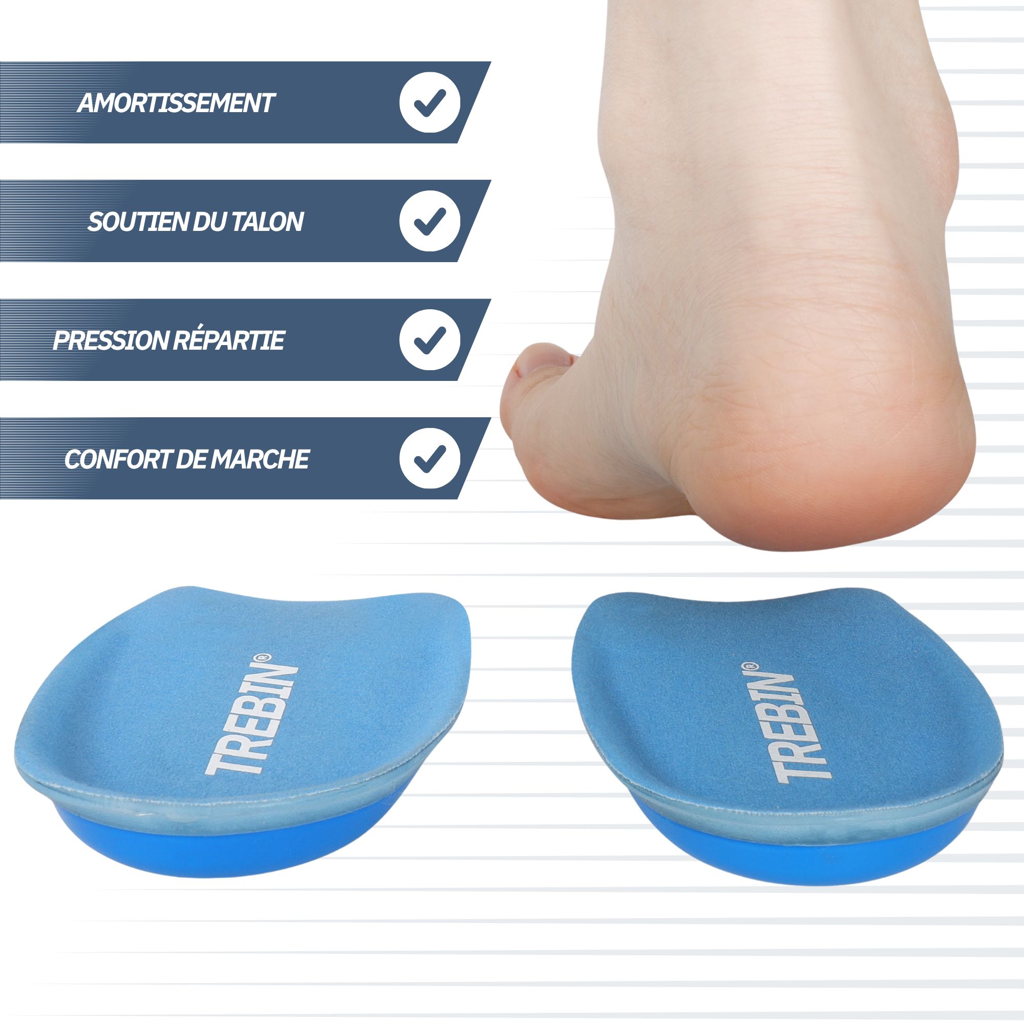 Deux talonnettes bleues avec logo "TREBIN", dont une avec insert en gel orange pour l'absorption des chocs.