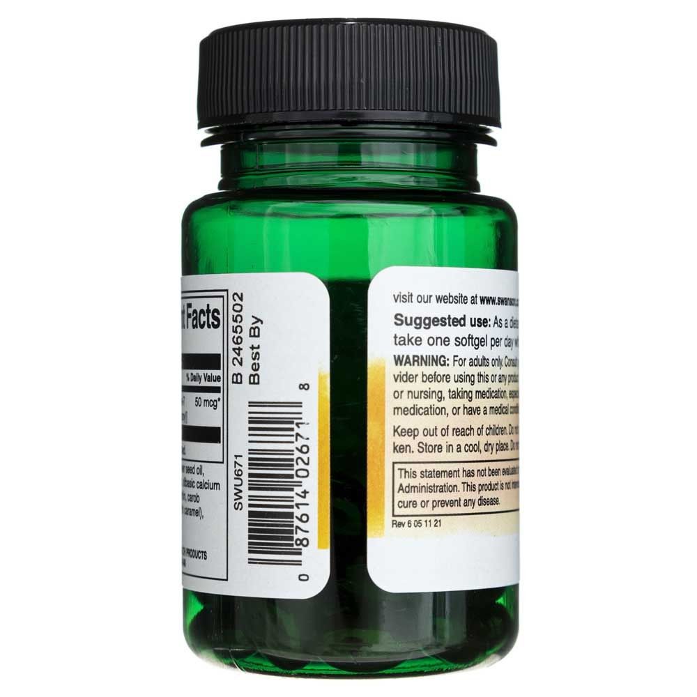 Côté d'une bouteille de Softgels de Vitamine K-2 SWANSON. Comprend un code-barres et des instructions d'utilisation.