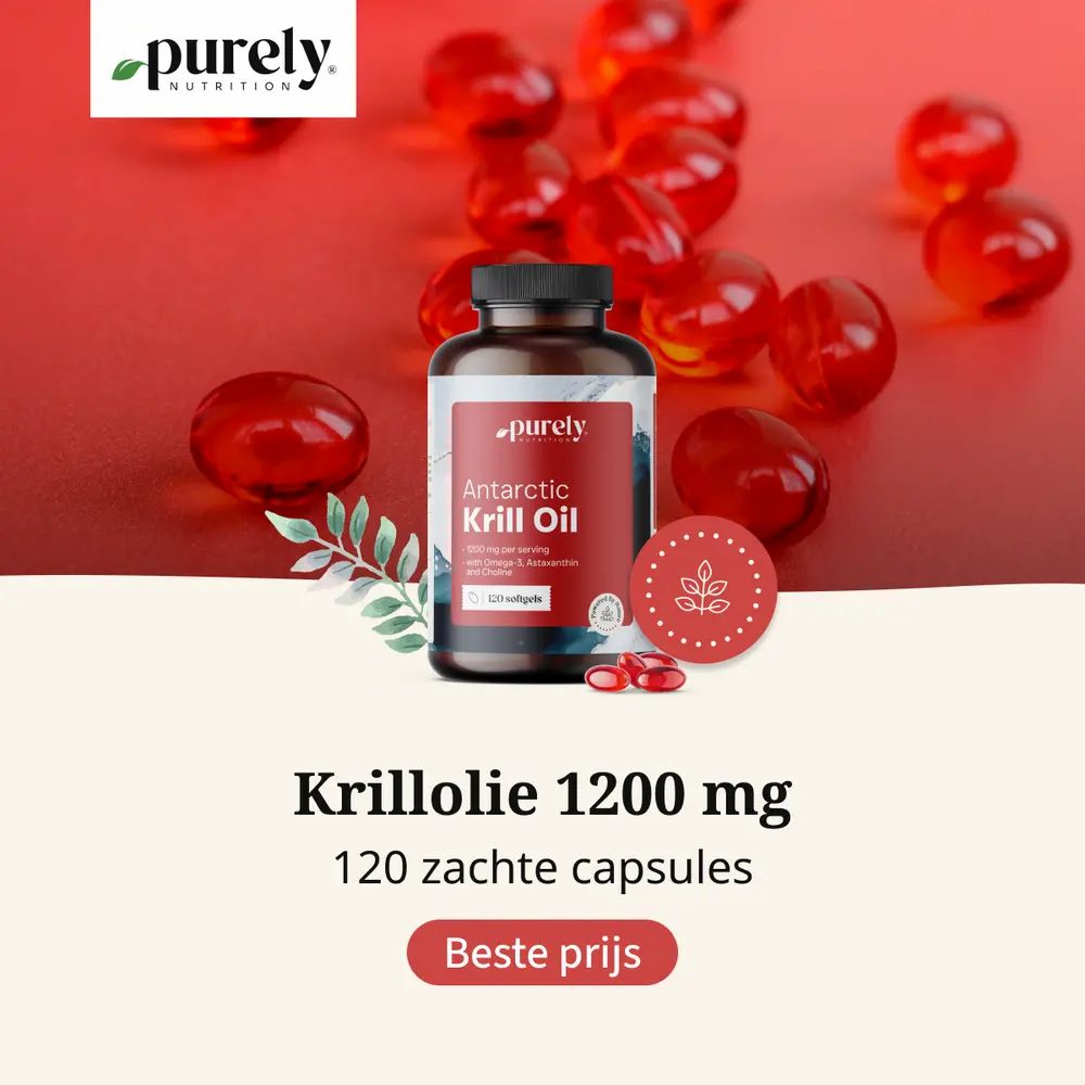 Rode capsules en fles. Opschrift: Krillolie 1200 mg, 120 zachte capsules. Merk: Purely Nutrition.