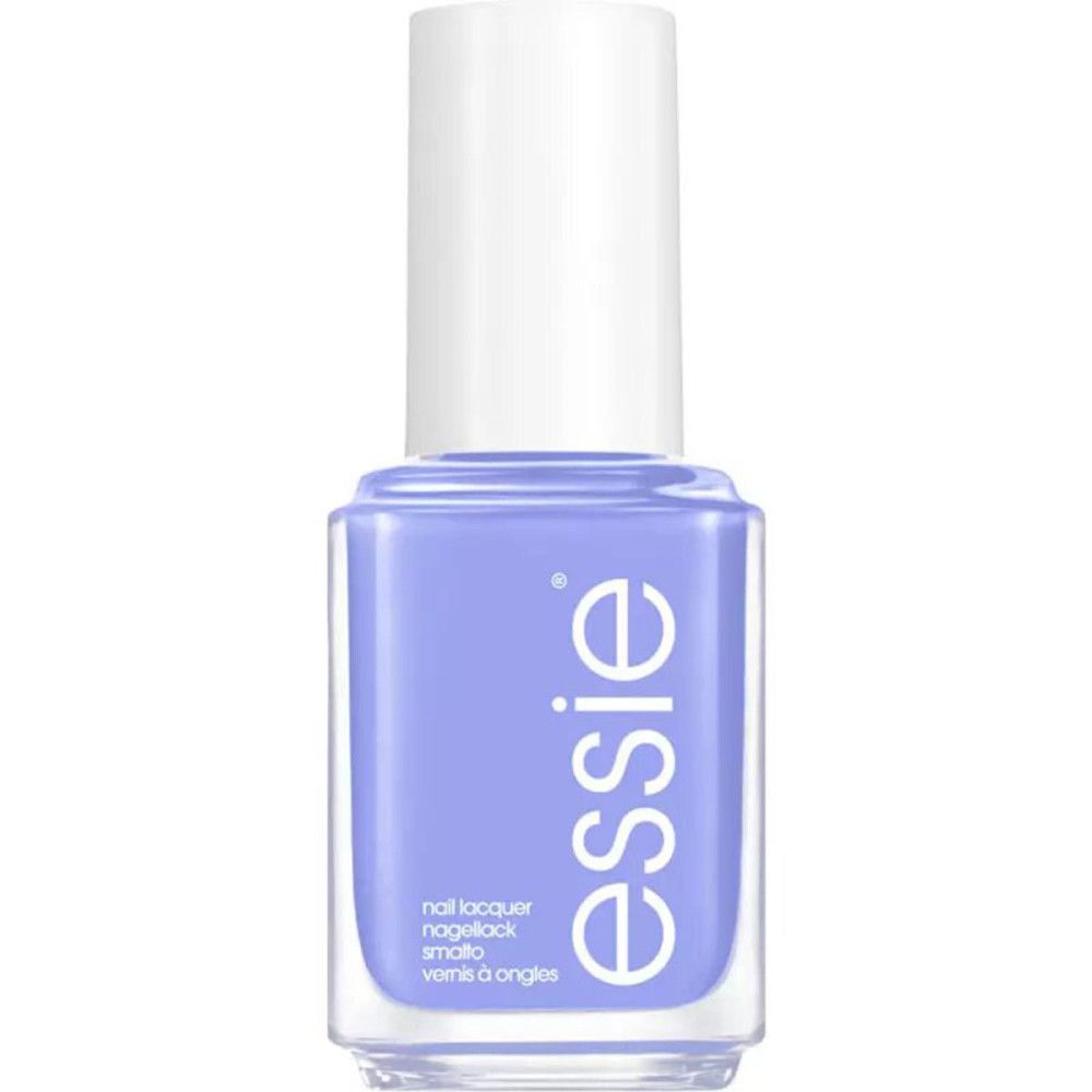Nagellakfles met witte dop. Lichtpaarse nagellak. Essie-logo en productnamen.