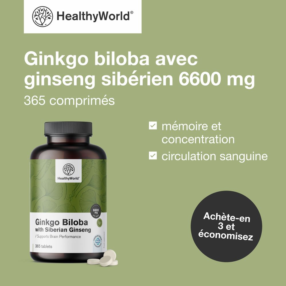 Flacon avec texte: Ginkgo biloba avec ginseng sibérien 6600 mg. 365 comprimés. Marque: HealthyWorld. Avec cases à cocher.