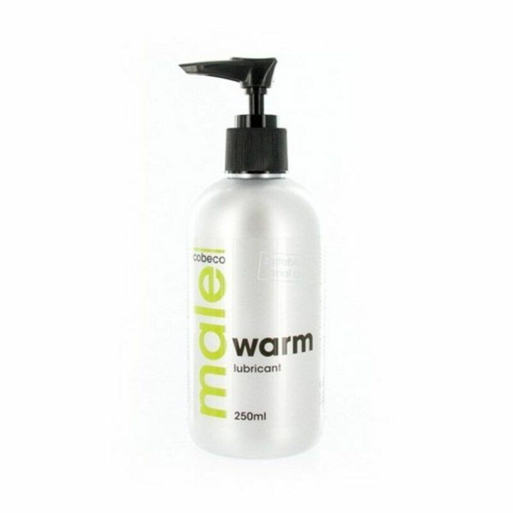 Flacon argenté avec pompe noire. Inscription: male warm lubricant, 250ml. Marque: Cobeco.