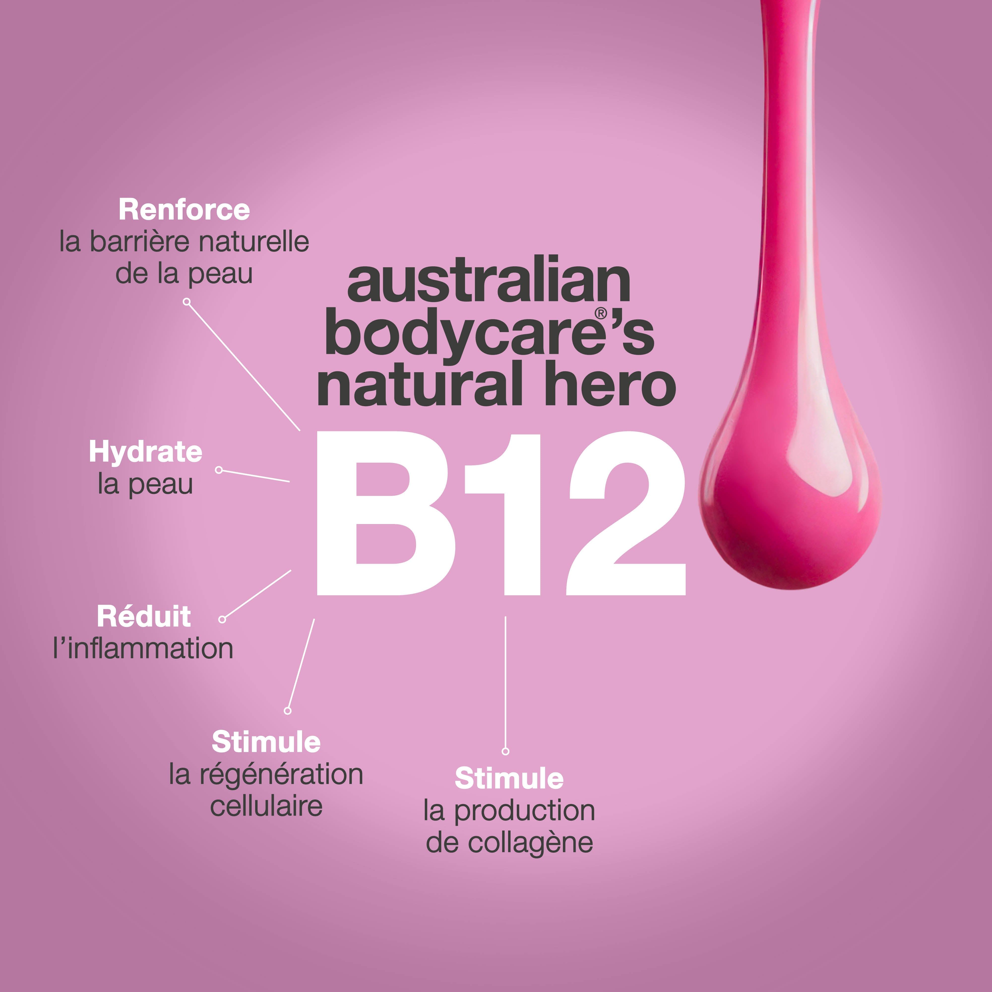 Goutte de liquide rose. Texte : Australian Bodycare's natural hero B12. Avantages : barrière cutanée, hydratation, anti-inflammatoire, régénération cellulaire.