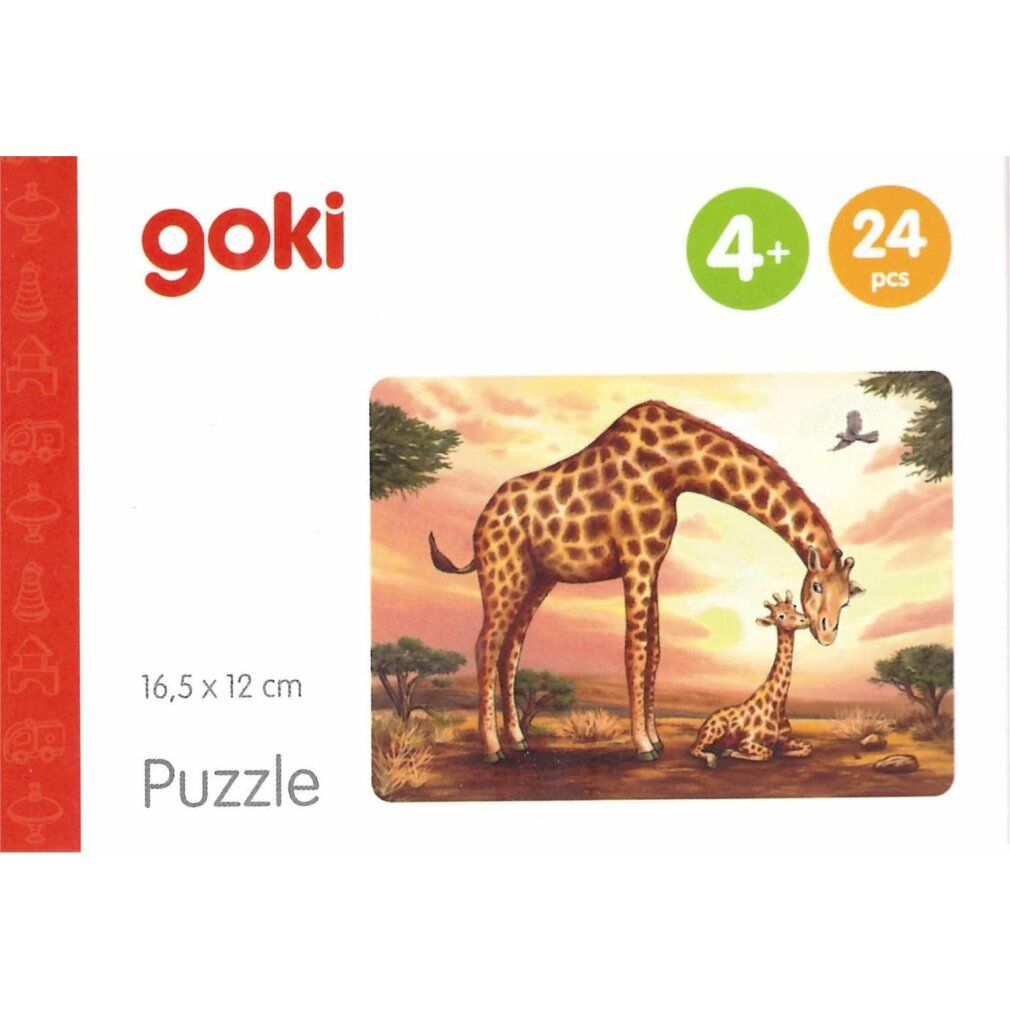 Puzzle Goki avec girafes. 24 pièces, à partir de 4 ans. L'emballage montre des girafes dans la savane. Dimensions : 16,5 x 12 cm.