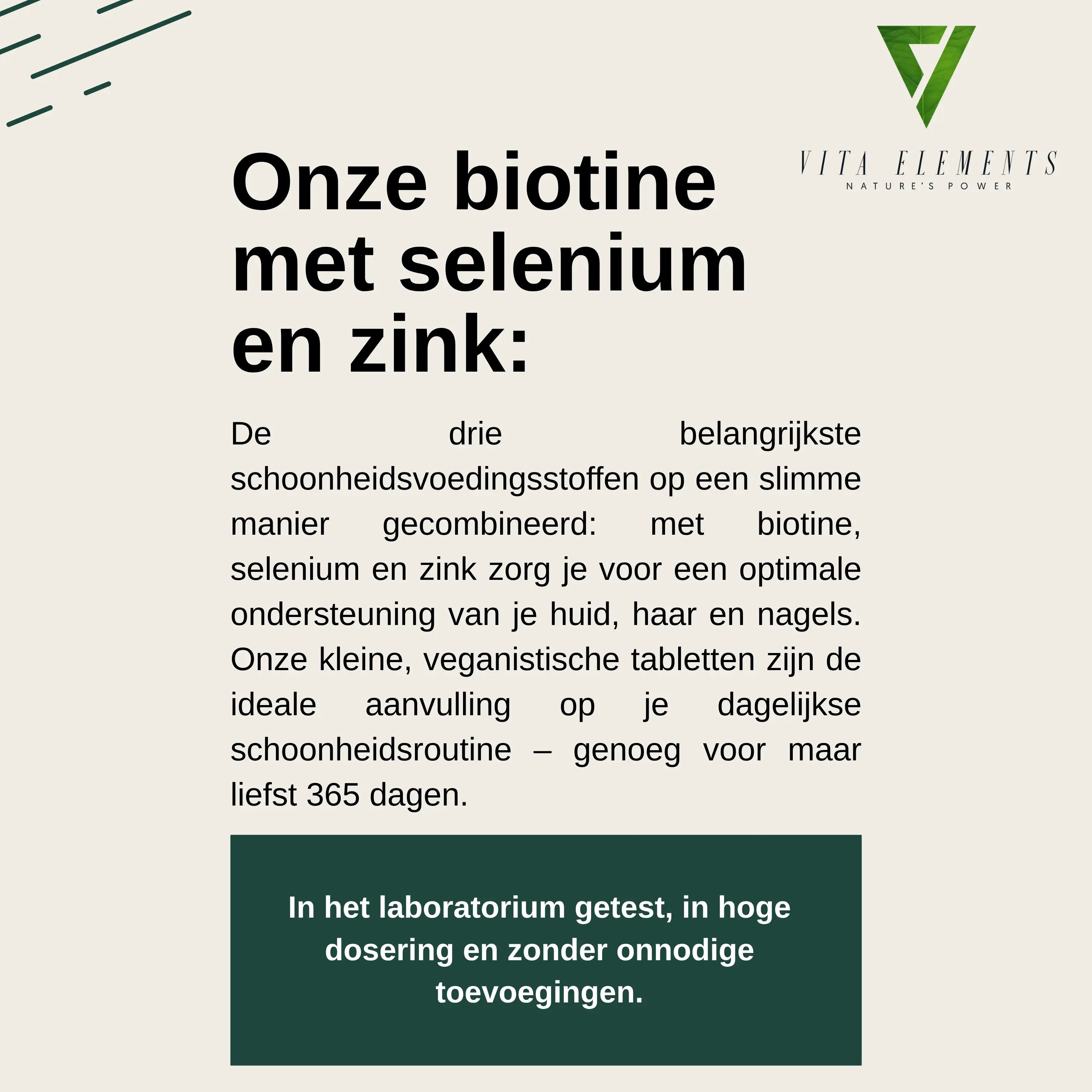 Fles Vita Elements Biotine met Selenium & Zink, in lab getest, vegan.