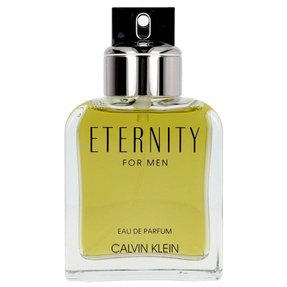 Flacon en verre avec liquide jaune. Inscription: ETERNITY FOR MEN, Eau de Parfum, CALVIN KLEIN.