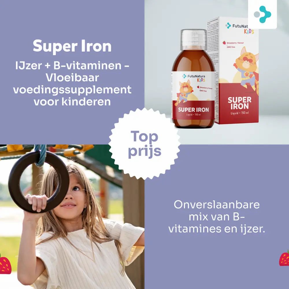Kind speelt in speeltuin. Fles en verpakking van FutuNatura Super Iron. Vloeibaar voedingssupplement voor kinderen.