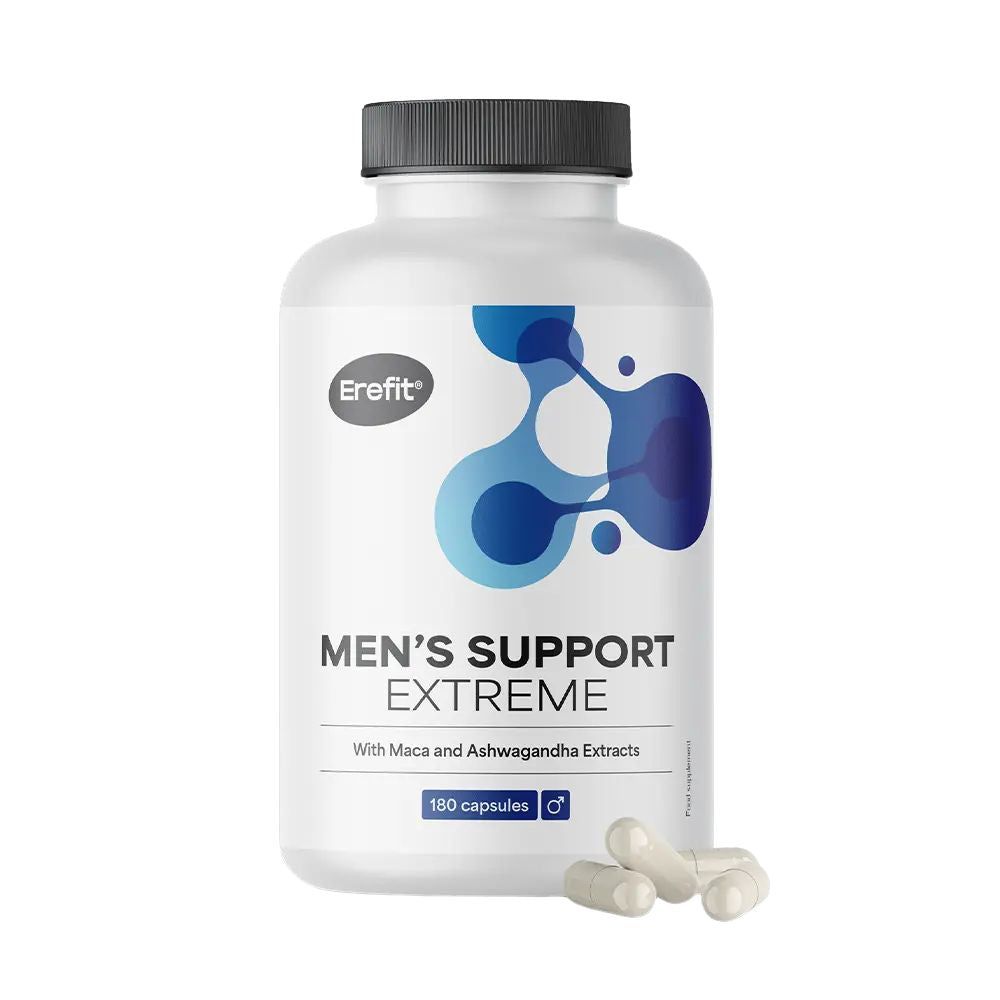 Witte fles met zwarte dop. Opschrift: Men's Support Extreme. Bevat 180 capsules. Enkele capsules liggen ernaast.
