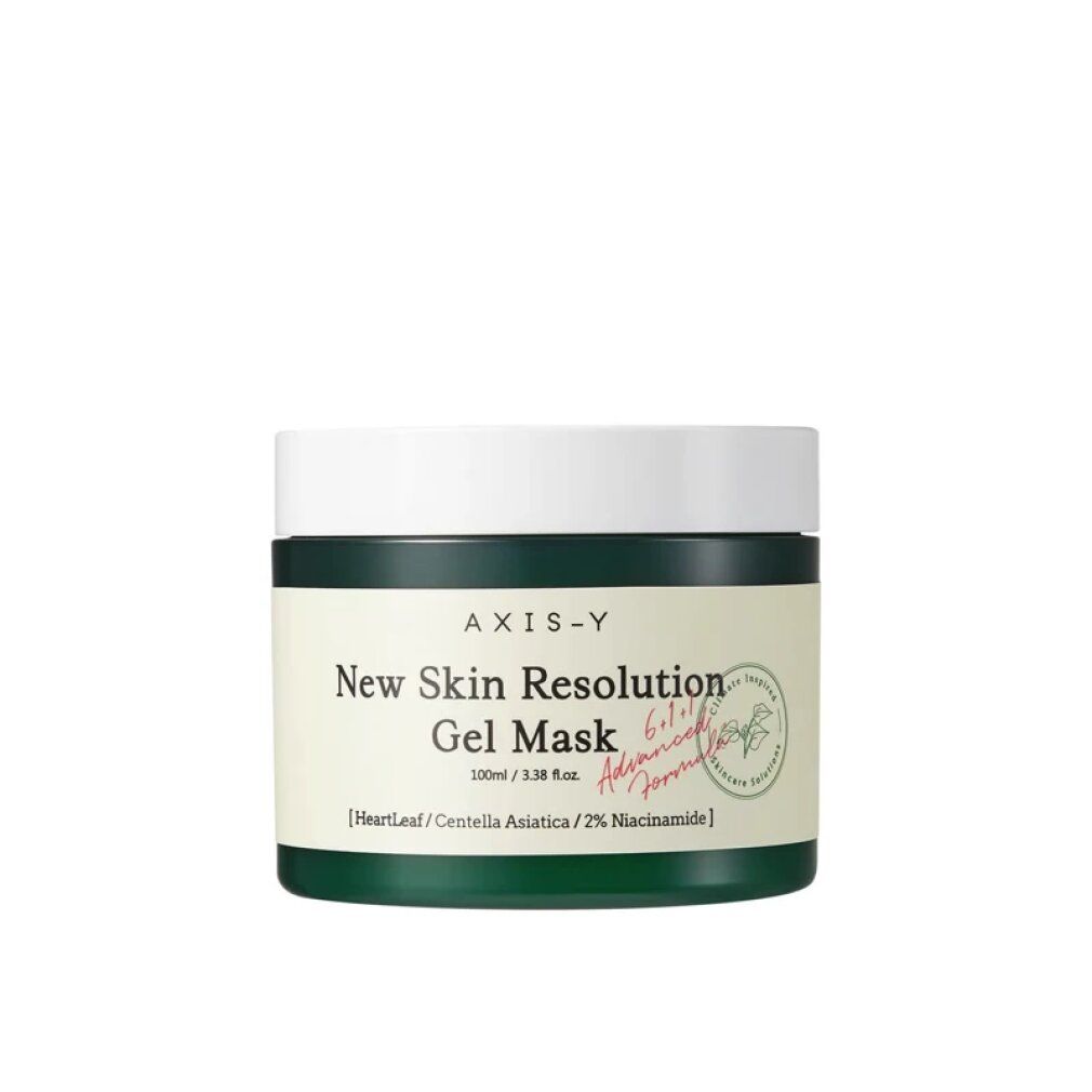 Un pot vert avec un couvercle blanc, étiqueté 'Axis-Y New Skin Resolution Gel Mask'.