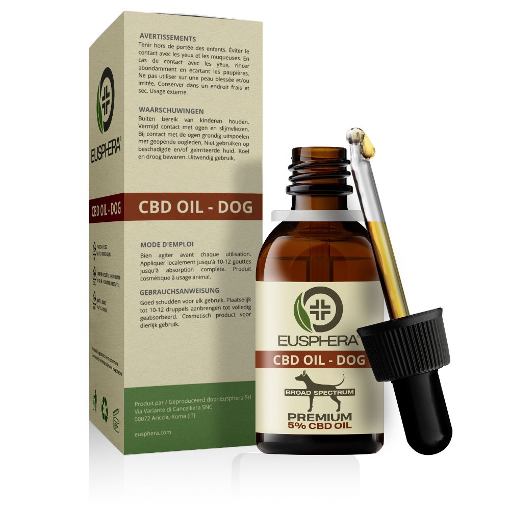 EU4DOG-fles met druppelaar. Tekst: Olie voor honden, rijk aan vitaminen. Volledig spectrum, 0% THC.