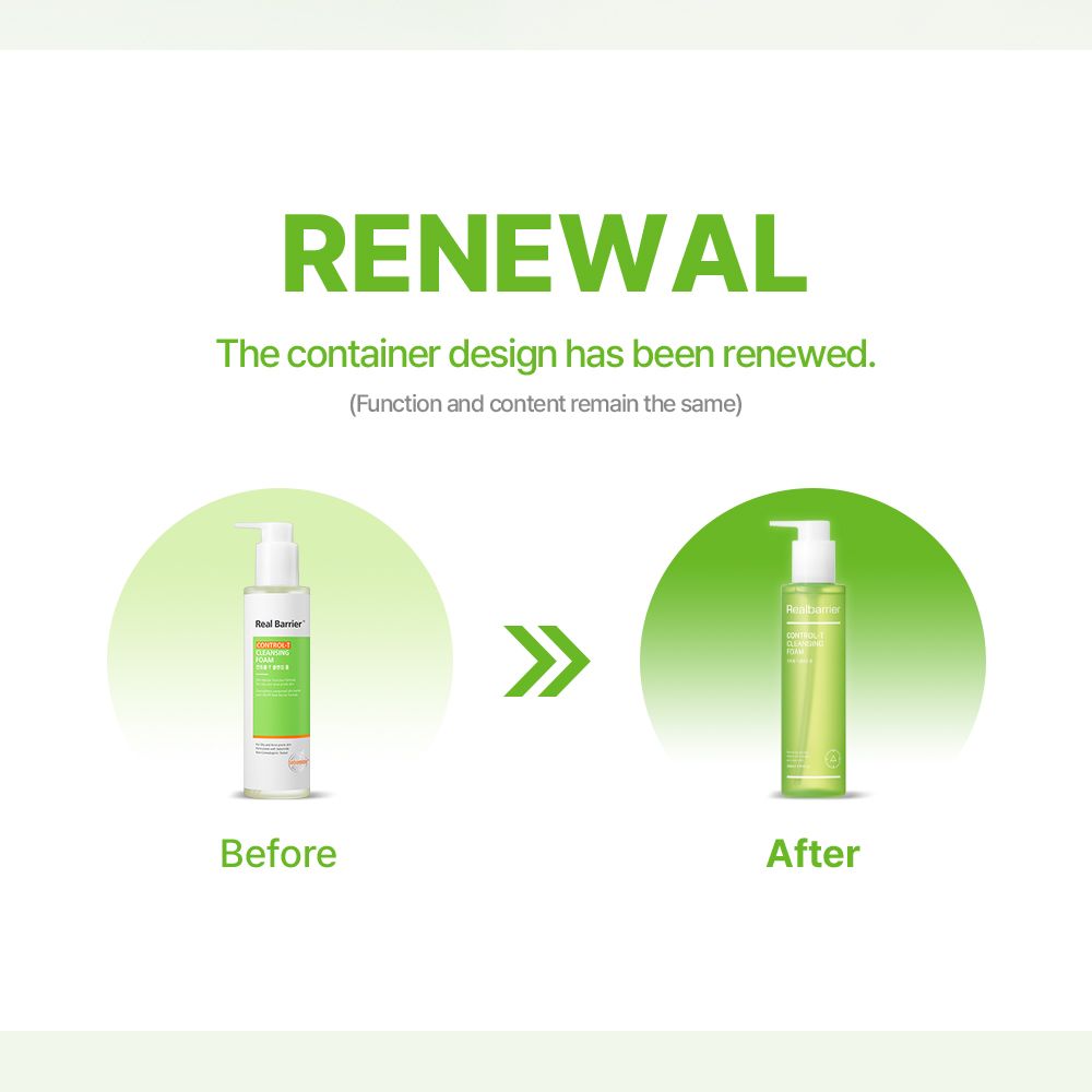 Comparaison avant-après. À gauche: flacon avec étiquette blanche. À droite: flacon vert avec pompe blanche. Texte: RENEWAL.