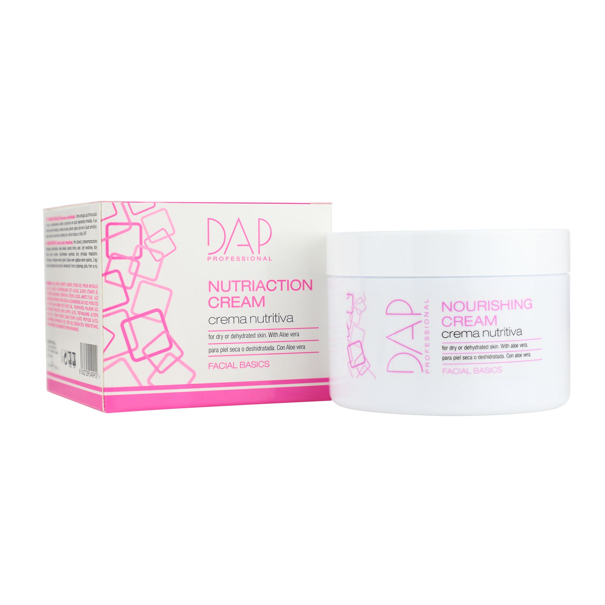 DAP Professional Nourishing Cream pot en verpakking. Witte pot met roze belettering.