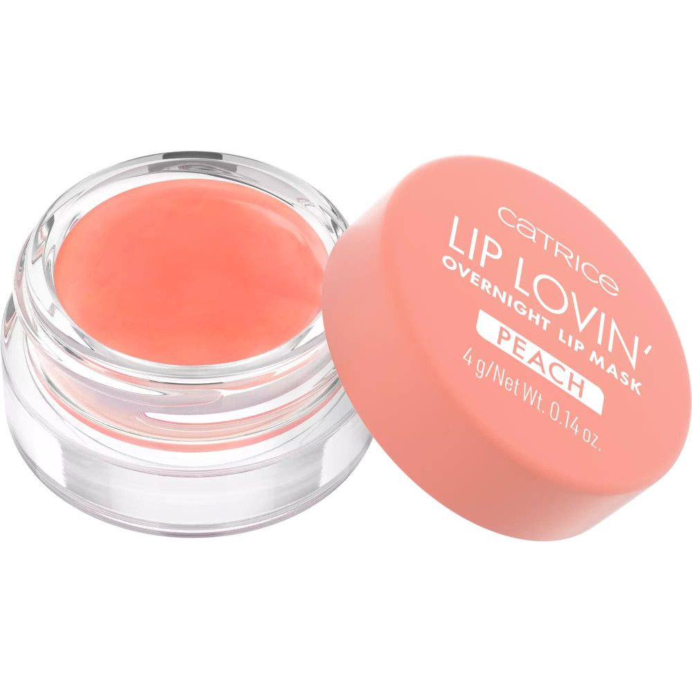 Pot ouvert de Lip Lovin' Übernacht Lippenmaske. Masque pêche dans un pot transparent. Couvercle à côté.