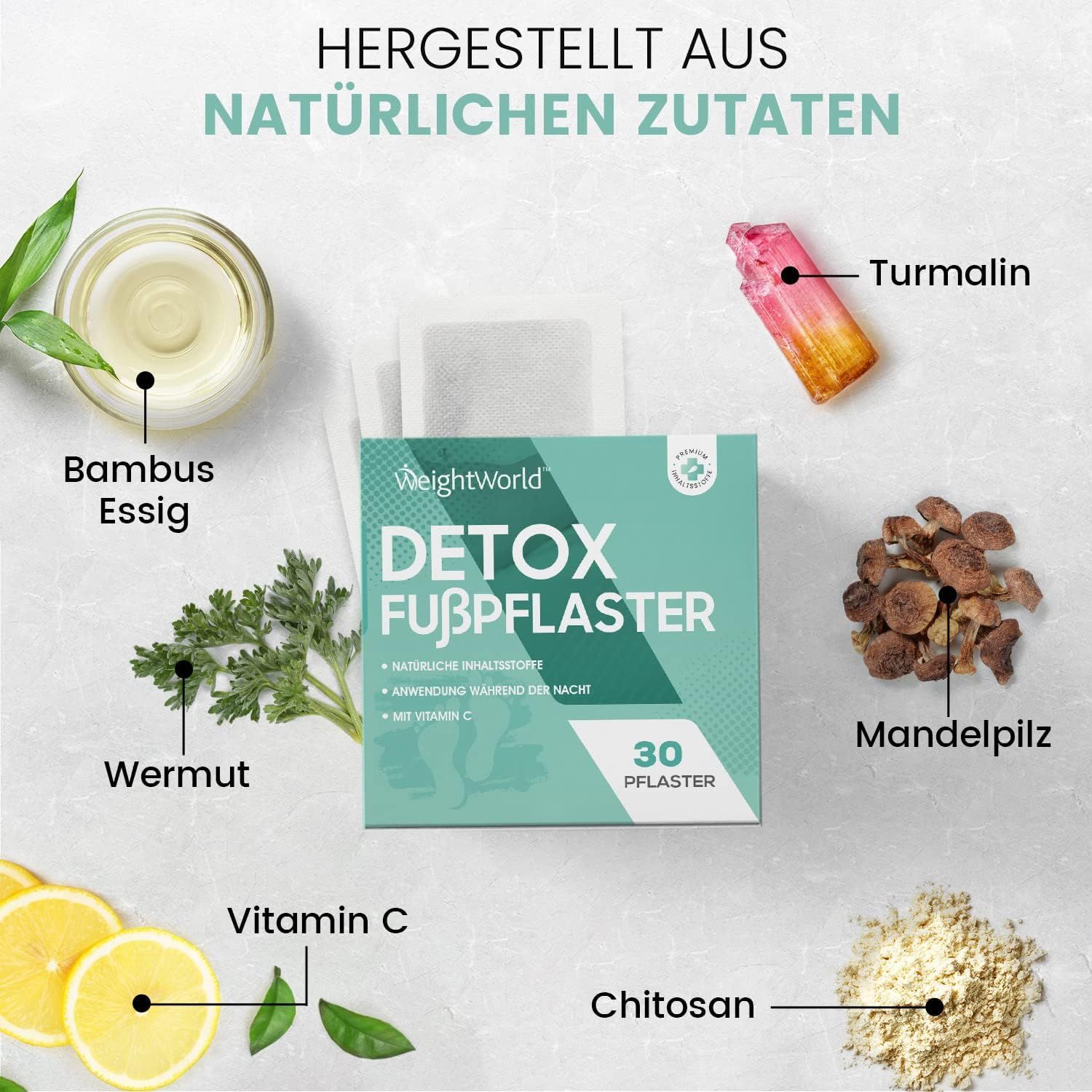 WeightWorld Detox Voetpleisters. Ingrediënten: bamboeazijn, alsem, vitamine C, chitosan, amandelpaddenstoel, toermalijn.