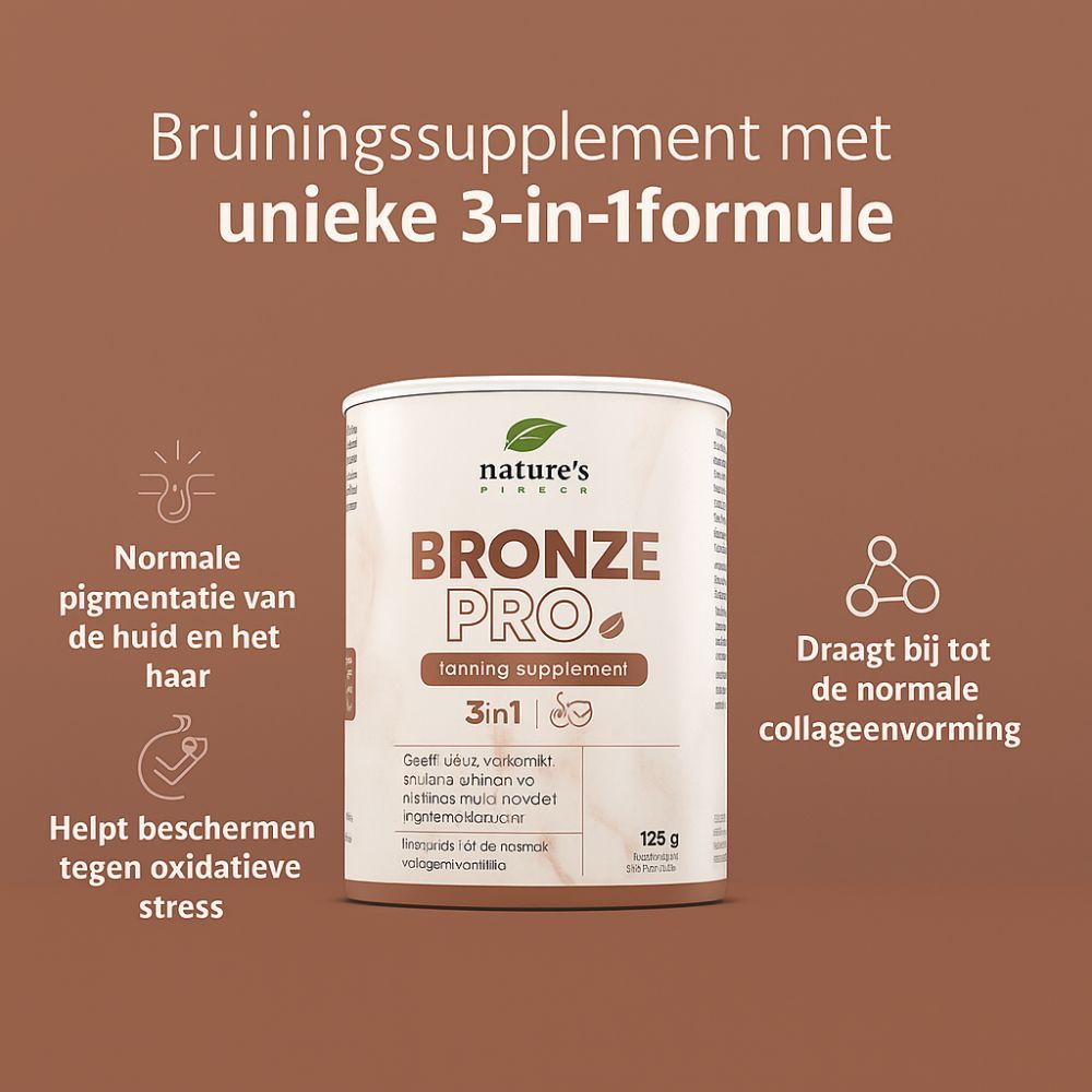 Blik Bronze PRO, 3in1 formule. Tekst: normale pigmentatie, beschermt cellen, draagt bij aan collageenproductie. Op bruine achtergrond.