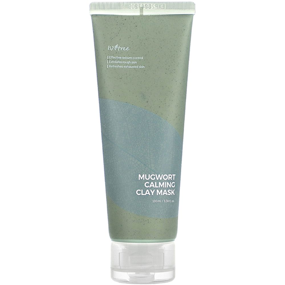 Groen-blauwe tube. Opschrift: MUGWORT CALMING CLAY MASK. Transparante sluiting. Cosmetisch product.