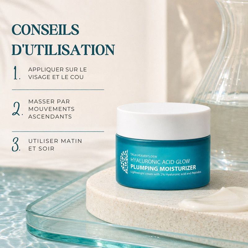 Un pot de Hyaluronic Acid Glow Plumping Moisturizer. Instructions d'utilisation : Appliquer sur le visage et le cou, matin et soir.