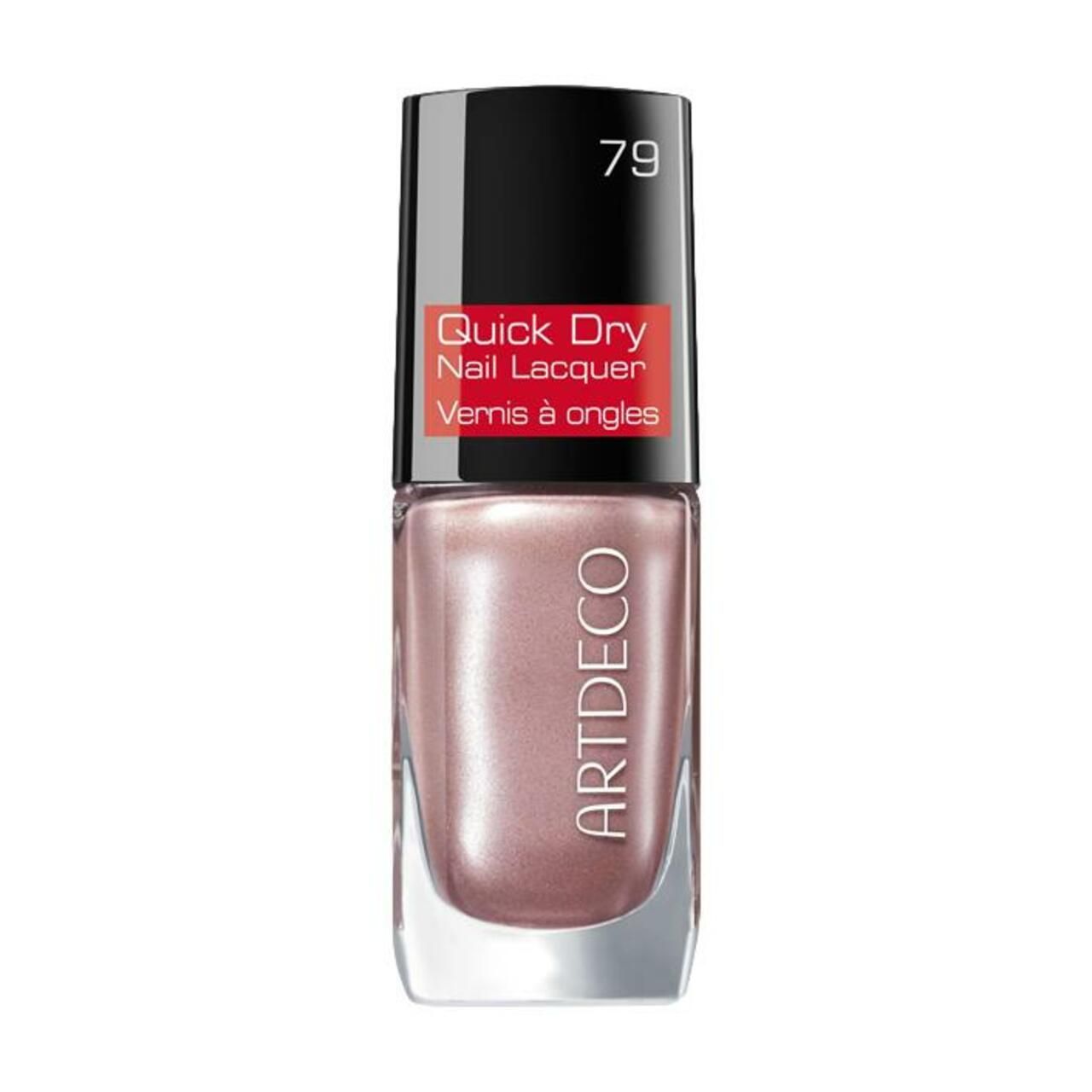 Nagellakfles met zwarte dop. Opschrift: Quick Dry Nail Lacquer, Artdeco. Tint 79.
