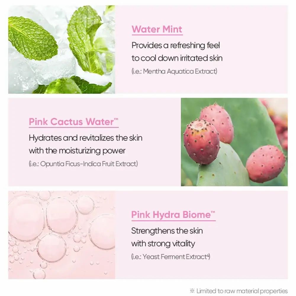 Grafiek met ingrediënten: Water Mint, Pink Cactus Water, Pink Hydra Biome. Met afbeeldingen van munt, cactusvijgen en roze vloeistof.