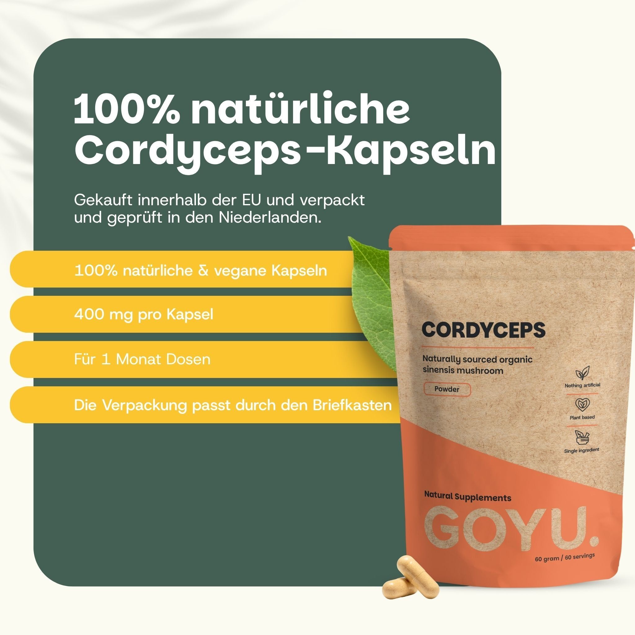 Sachet en papier brun avec capsules de Cordyceps, 400 mg par capsule, 100% naturel et végétalien.