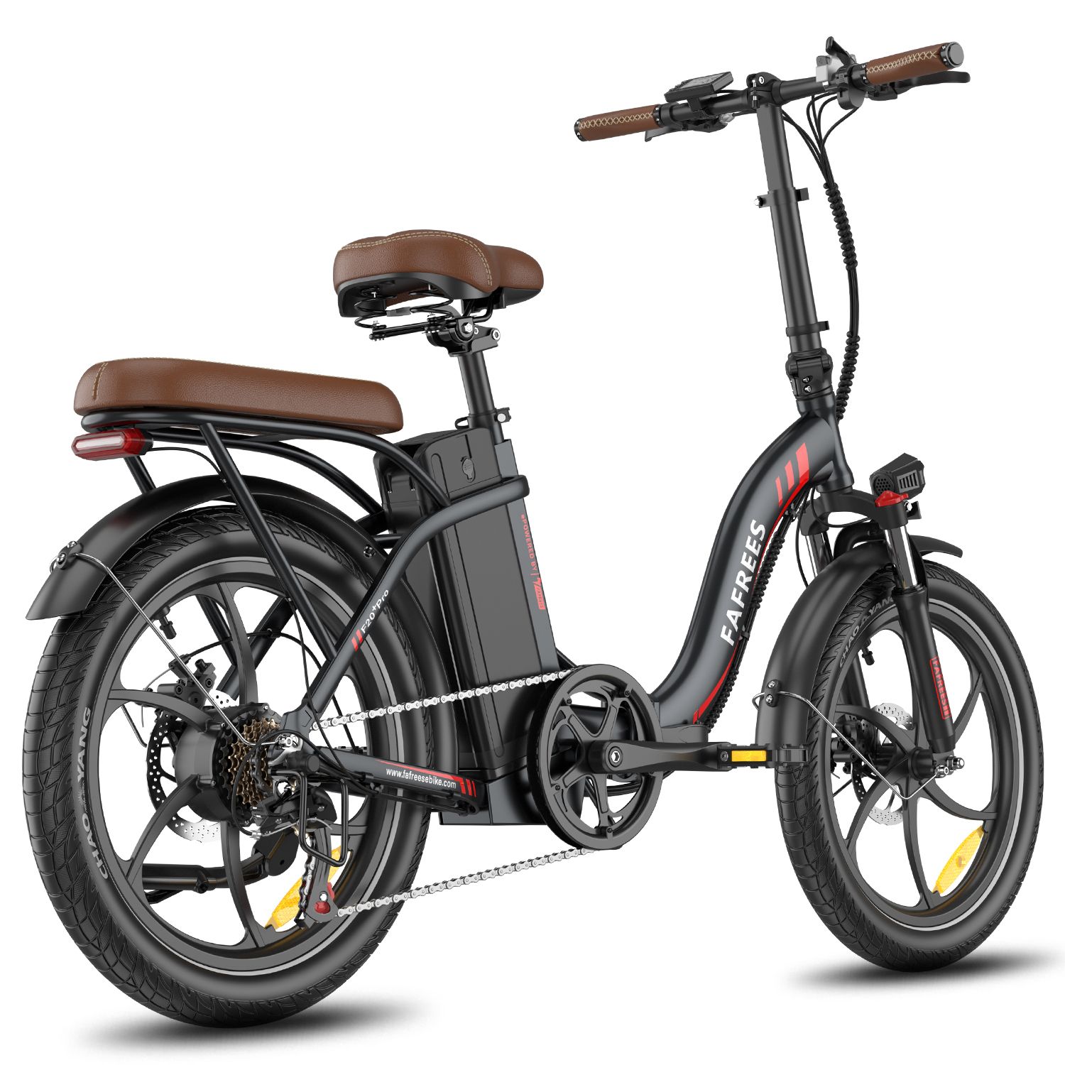 Opvouwbare e-bike, zwart met bruin zadel. Merk Fafrees. Zichtbare details: wielen, batterij, spatborden, bagagerek.