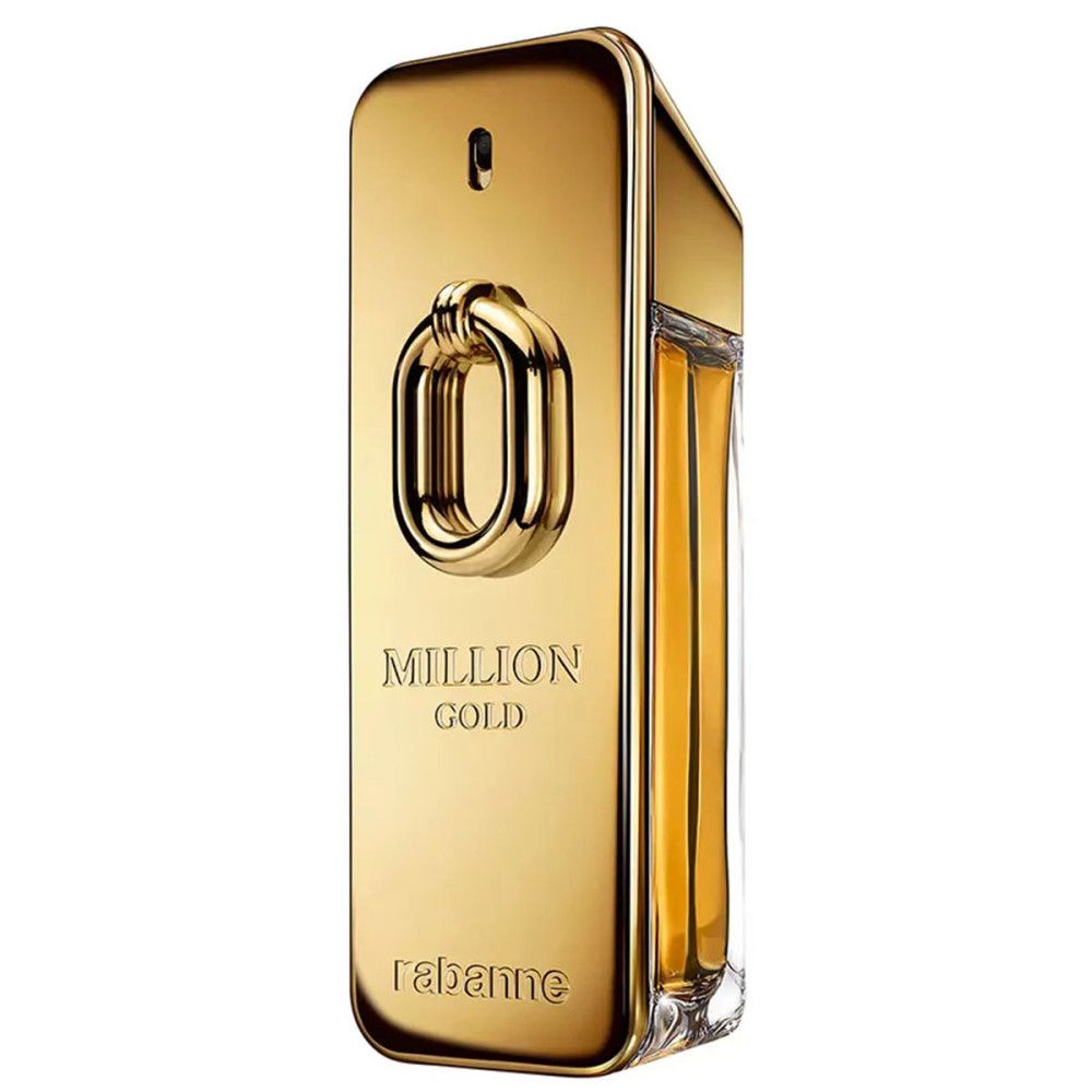 Gouden fles met opschrift "MILLION GOLD" en "rabanne". Rechthoekige vorm met gouden sluiting.